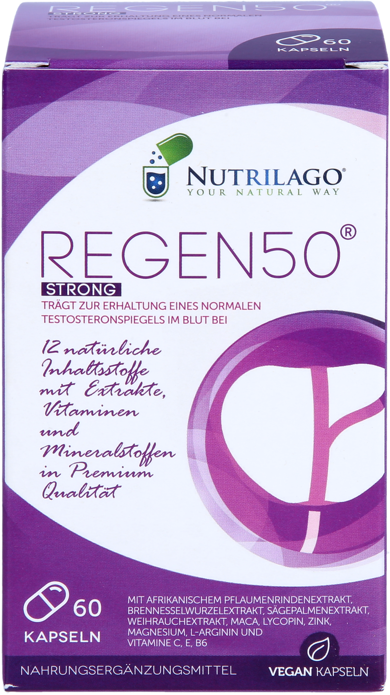 Verpackung des Nahrungsergänzungsmittels Regen50® Strong von Nutrilago mit Informationen zu Inhaltsstoffen und Verzehrempfehlung.