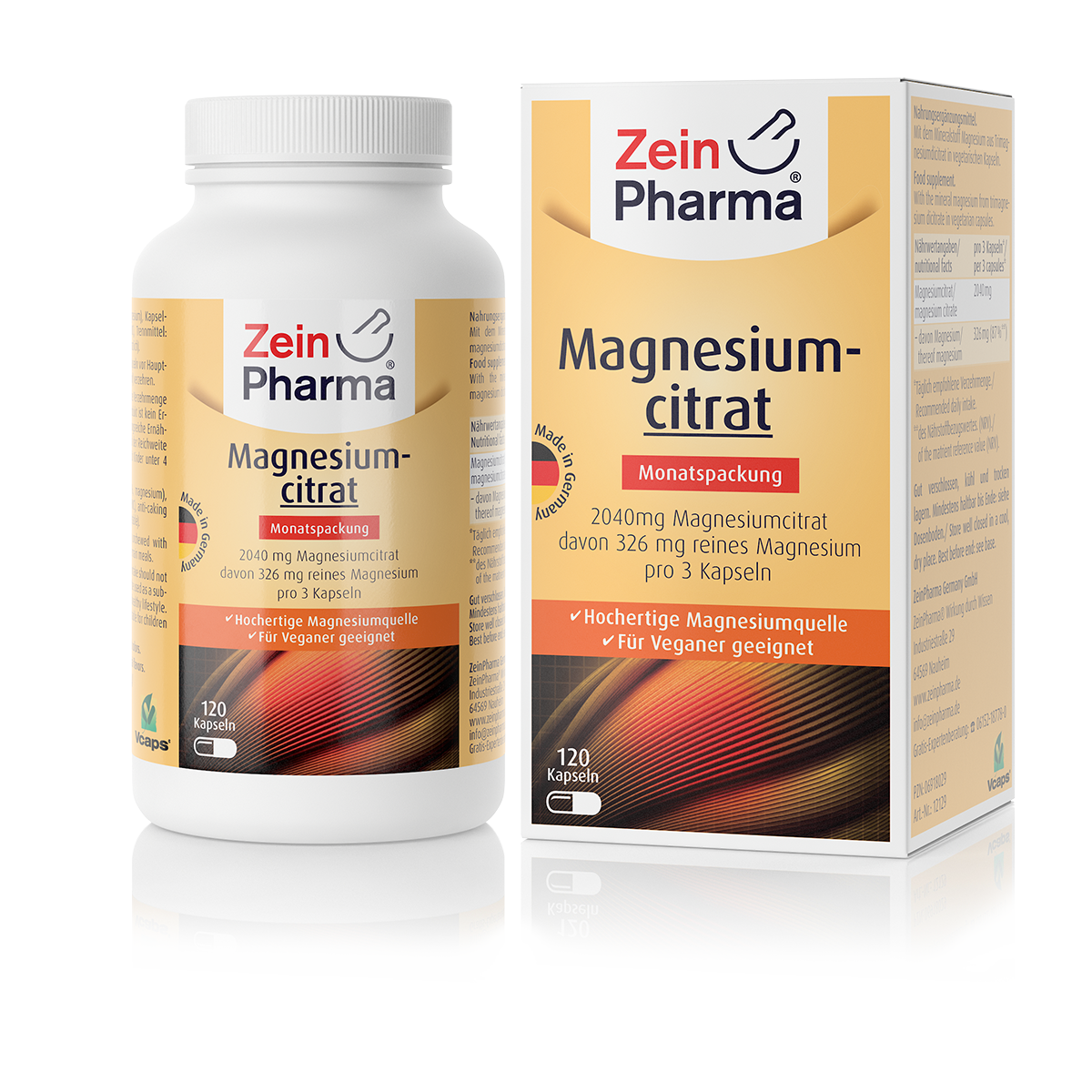 ZeinPharma Magnesiumcitratzubereitung in Flasche und Box mit Angaben zu Inhalt und Verwendung.