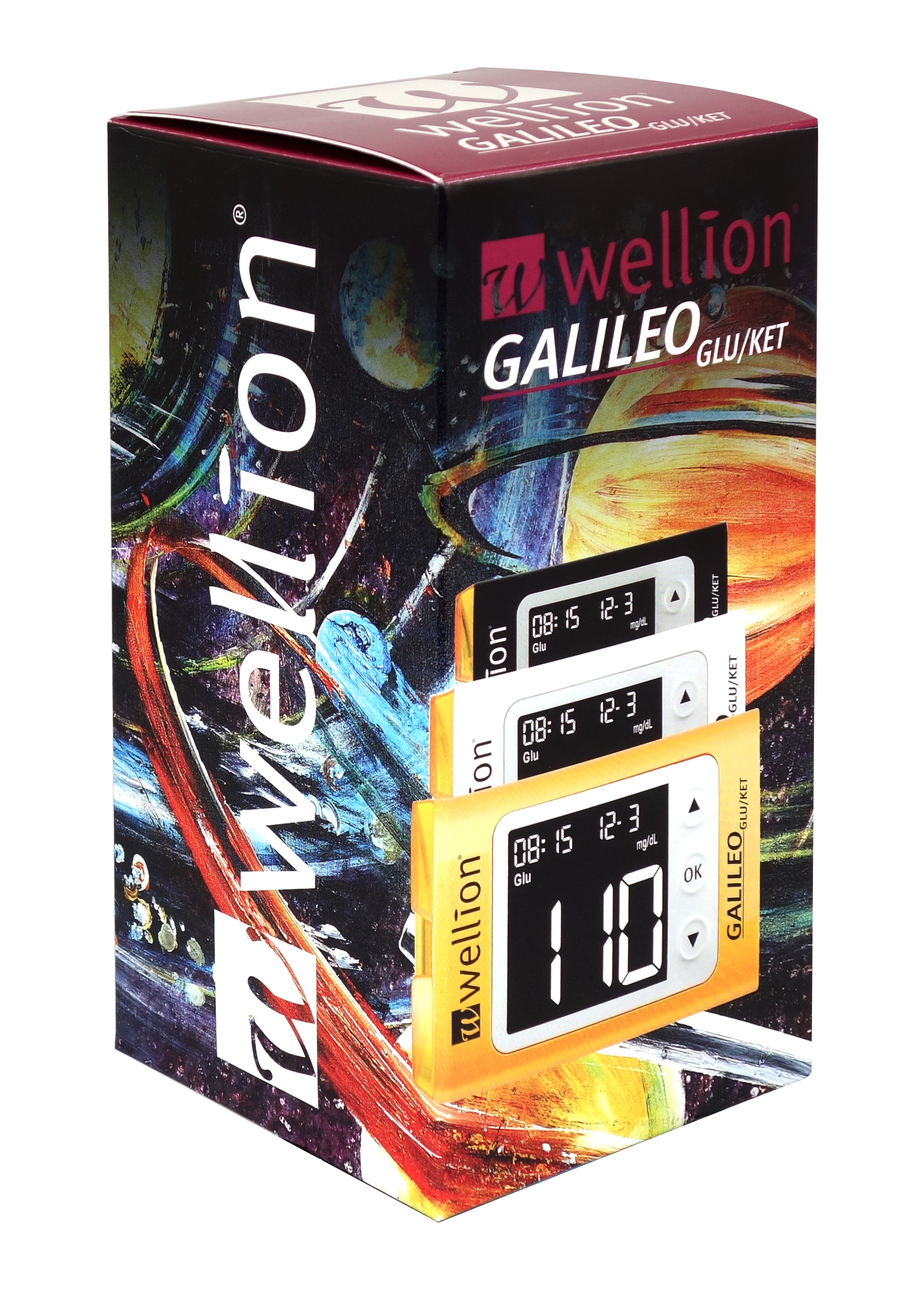 Verpackung des Blutzuckermessgeräts Wellion Galileo mit zwei Displays und farbiger, abstrakter Gestaltung.