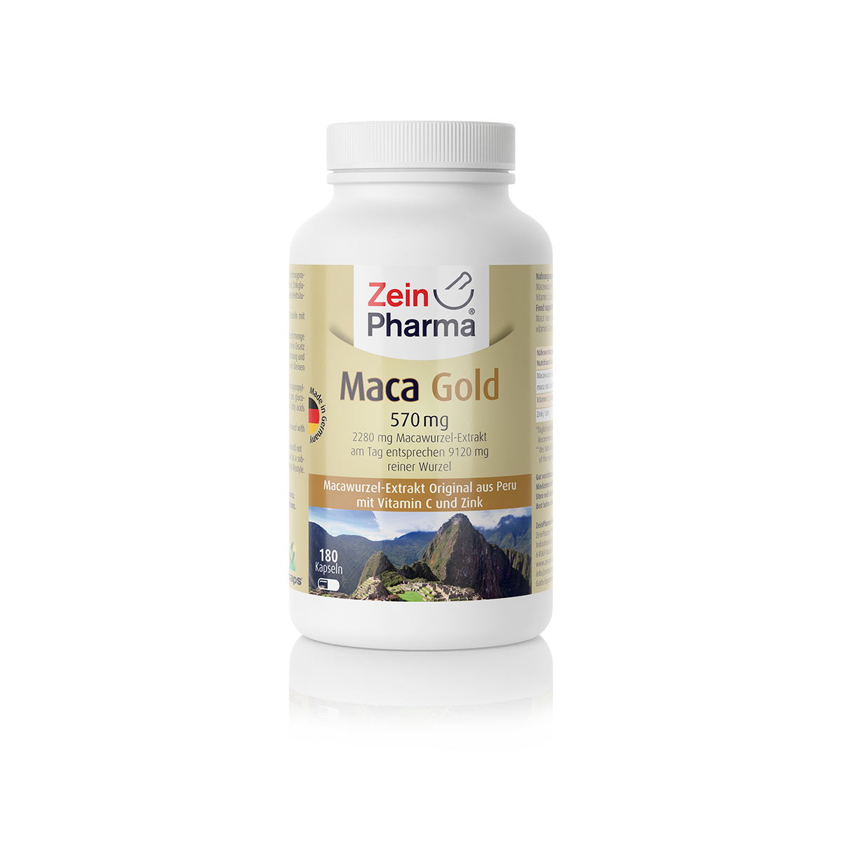 Weißes Nahrungsergänzungsmittel mit der Aufschrift "Maca Gold 570 mg" von Zein Pharma, abgebildet auf schwarzem Hintergrund.