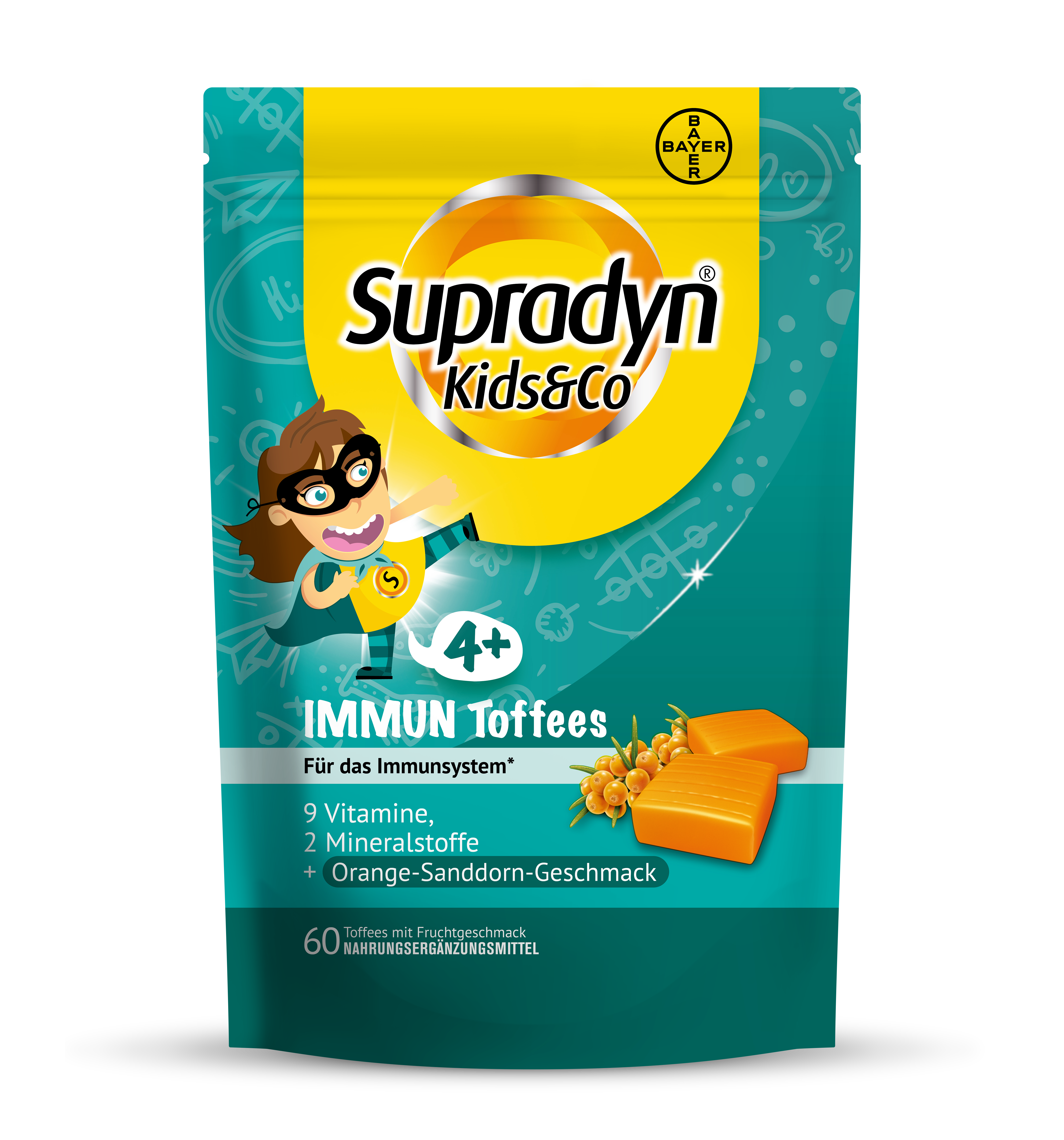 Tüte mit Supradyn Kids&Co IMMUN Toffees für Kinder ab 4 Jahren, orangefarbene Toffees, enthält 9 Vitamine, Mineralstoffe und hat Orangensanddorn-Geschmack.