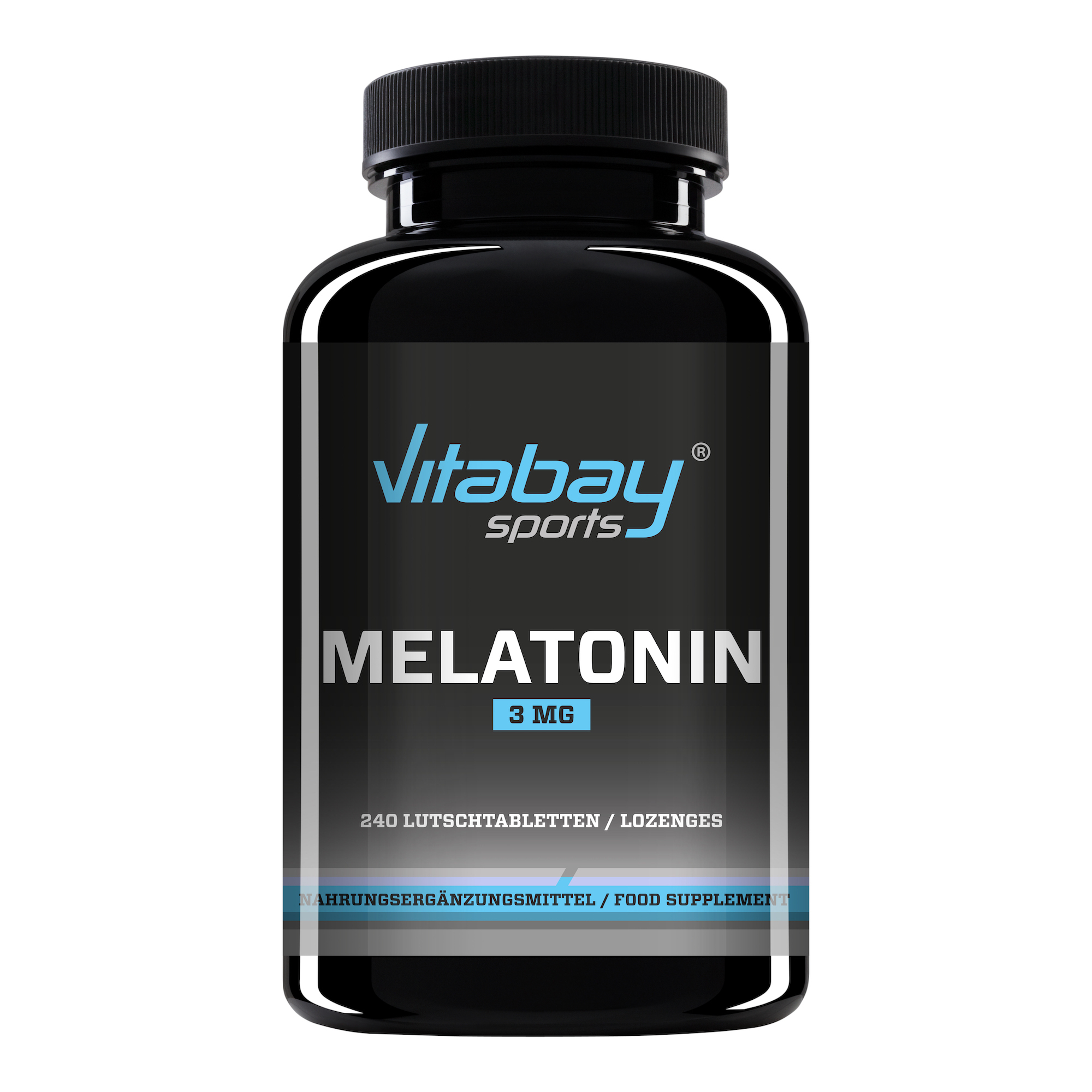 Schwarzer Flasche mit dem Etikett "Vitabay Sports Melatonin 3 mg" und der Aufschrift "240 Lutschtabletten".