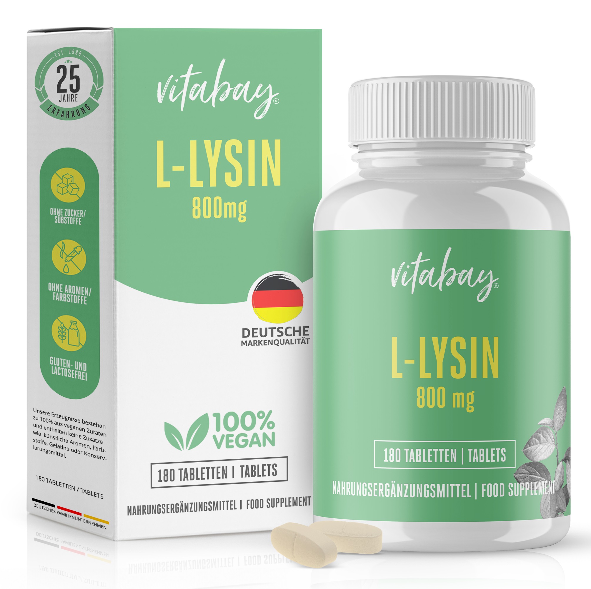 Abbildung eines Produktes namens "vitabay L-Lysin 800 mg" mit Verpackung und Tabletten, gekennzeichnet als vegan und ohne Gluten und Laktose.