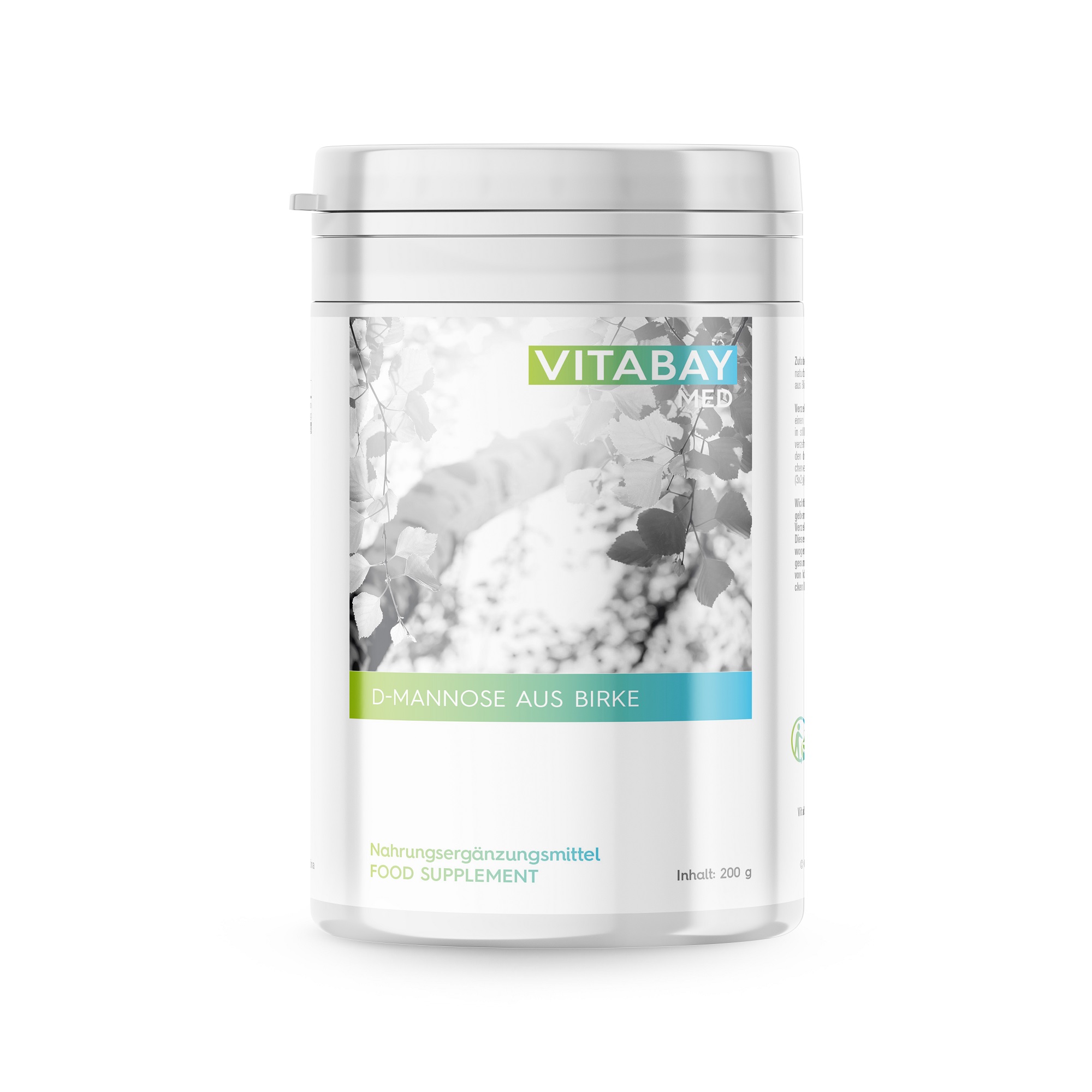 Dose für D-Mannose aus Birke von Vitabay, 200 g, Nahrungsmittelergänzungsmittel.