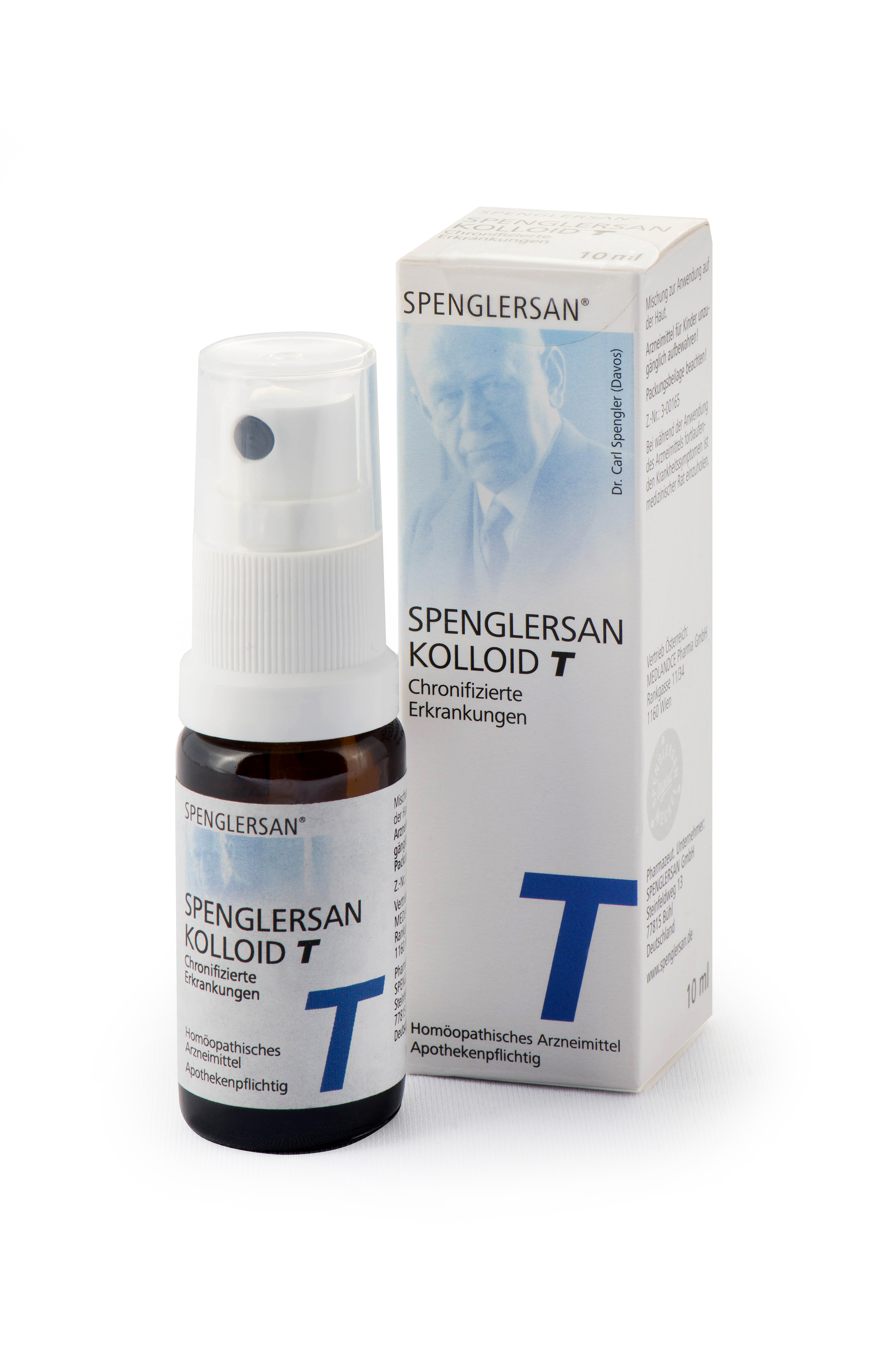 Sprayflasche und Verpackung von Spenglersan Kolloid T für chronifizierte Erkrankungen.