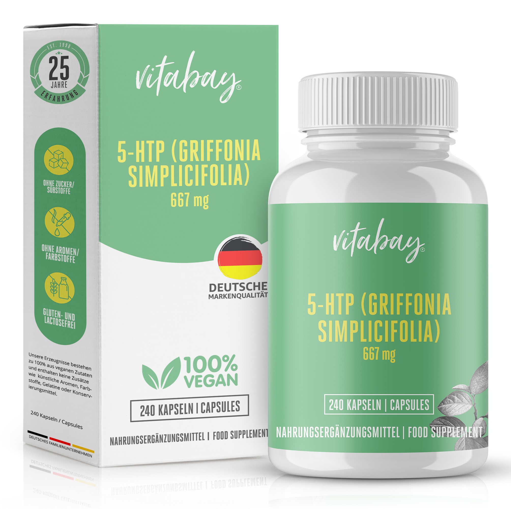Flasche mit Nahrungsergänzungsmittel 5-HTP (Griffonia simplicifolia) in Kombination mit Verpackung, die vegane, gluten- und laktosefreie Eigenschaften anzeigt.