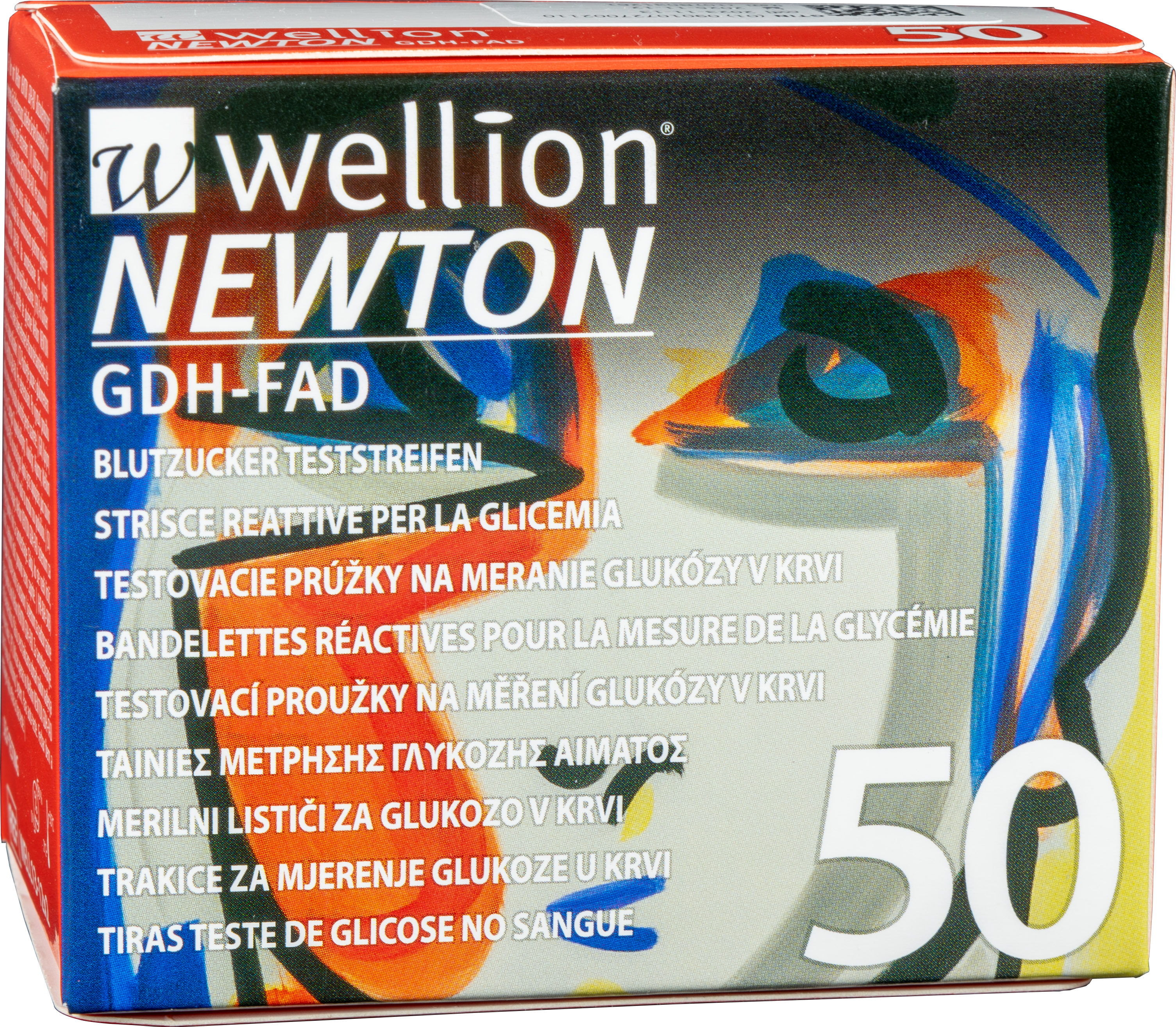 Verpackung von Wellion Newton GDH-FAD Blutzucker-Teststreifen mit der Aufschrift in mehreren Sprachen und der Anzahl von 50 Teststreifen.