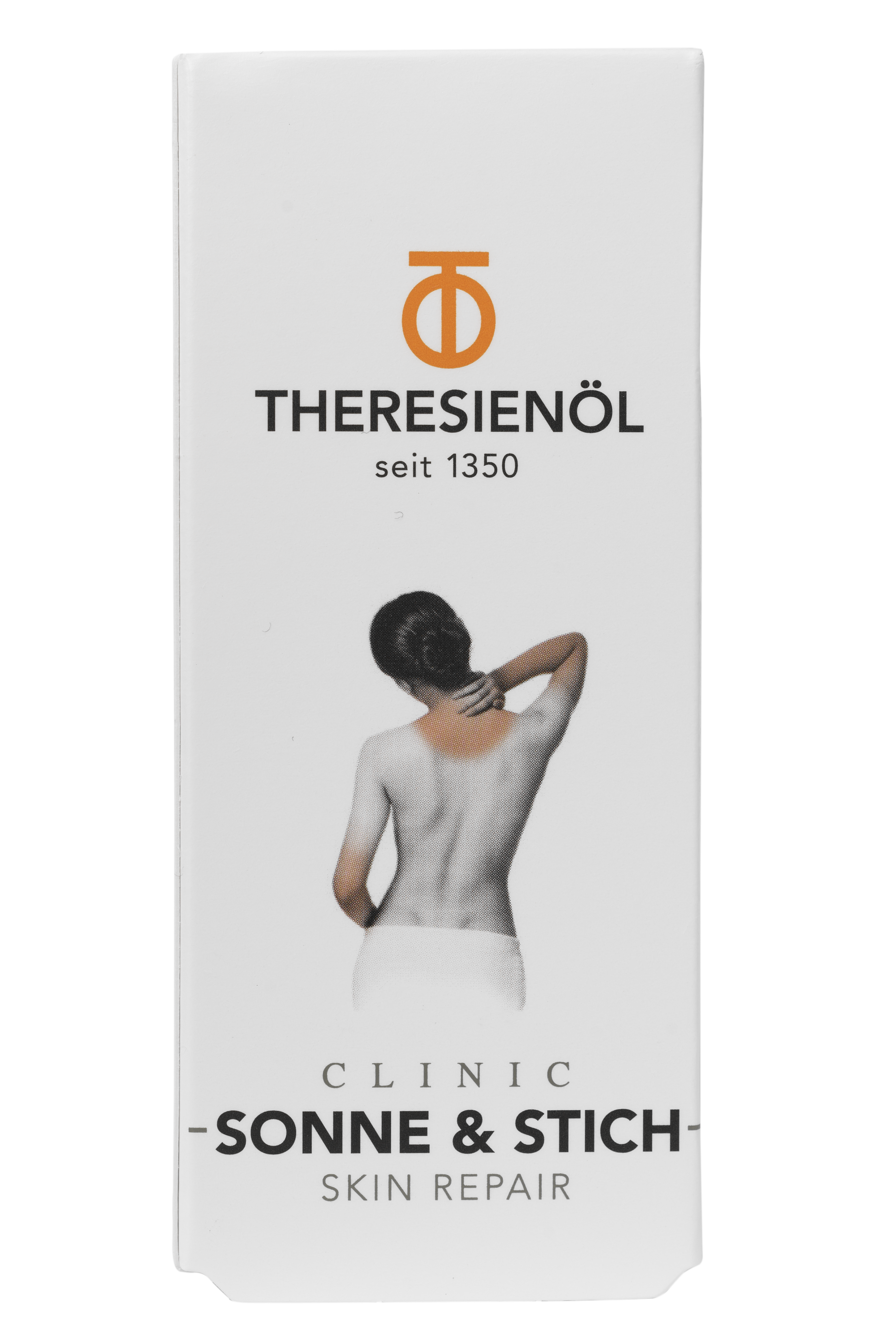 Produktverpackung von Theresienöl, mit dem Schriftzug "seit 1350" und "CLINIC - SONNE & STICH - SKIN REPAIR".