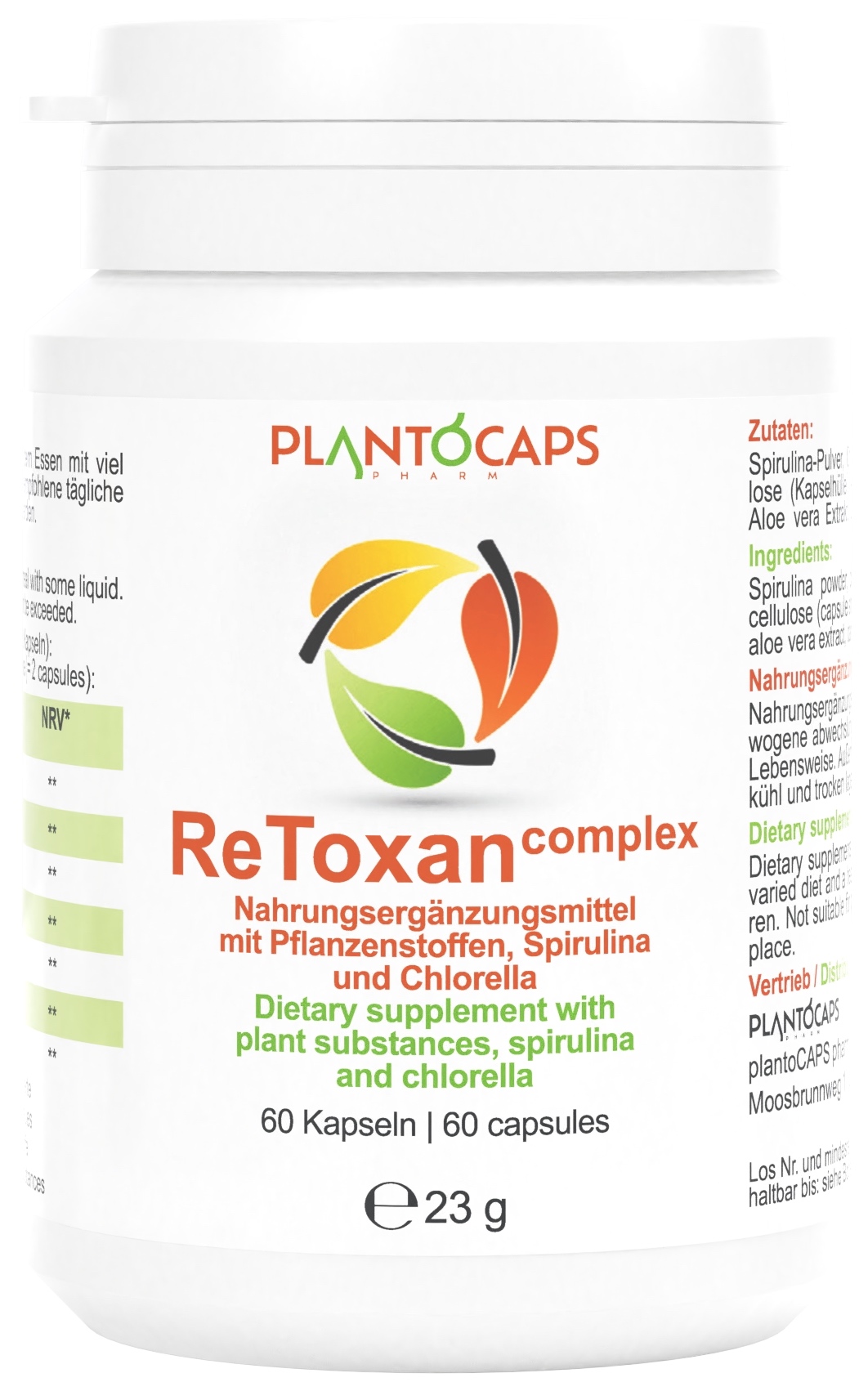 Flasche mit Nahrungsergänzungsmittel "ReToxan complex" von Plantocaps, 60 Kapseln, enthält Spirulina und Chlorella.