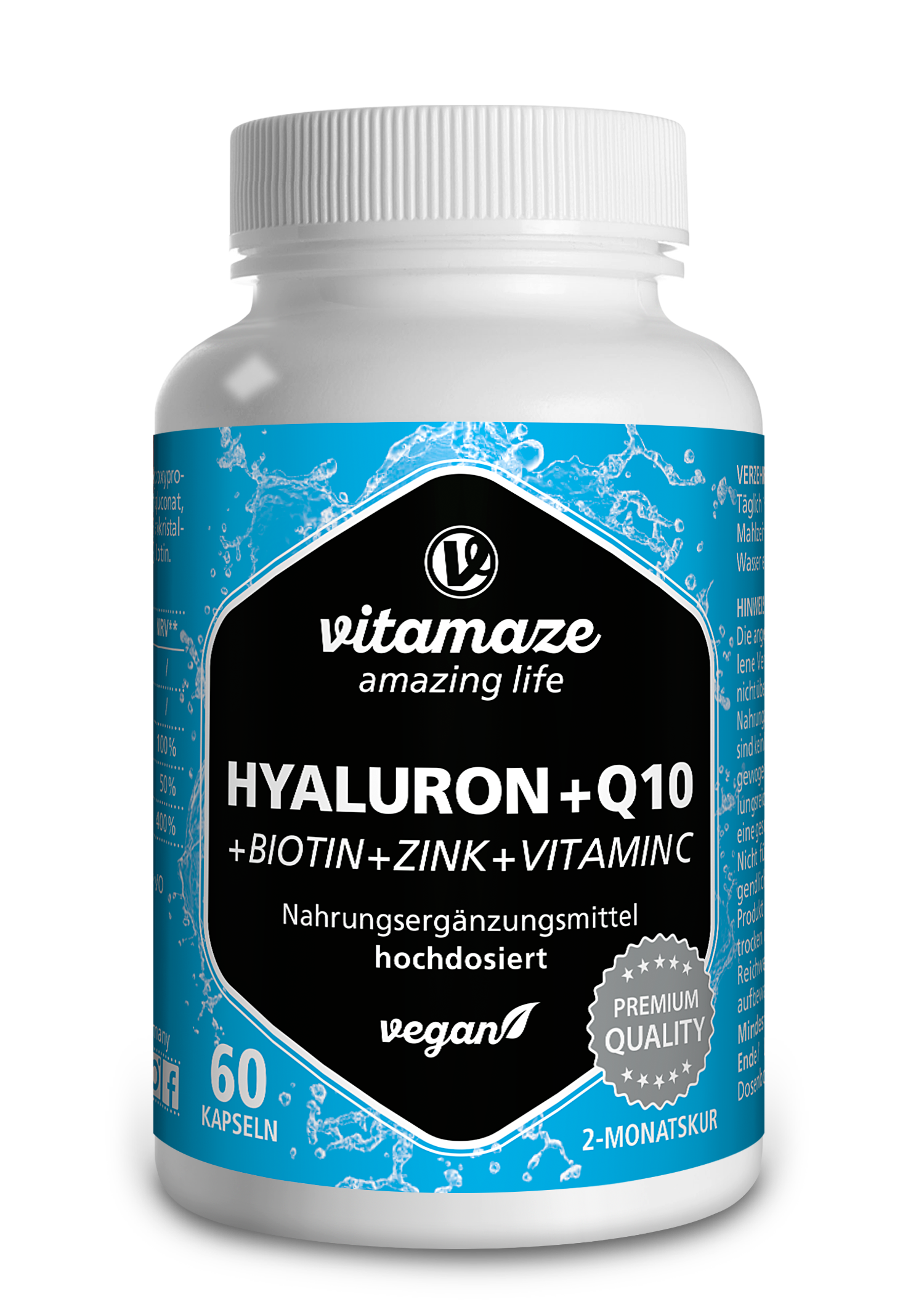 Weißes Supplement-Behälter von Vitamaze mit der Aufschrift "Hyaluron + Q10" und zusätzlichen Inhaltsstoffen wie Biotin, Zink und Vitamin C.