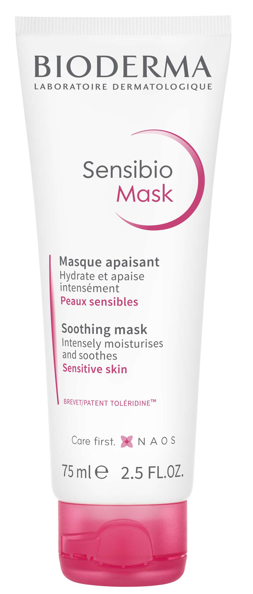 Tube der Bioderma Sensibio Maske mit Angaben zu Anwendung und Inhalt.