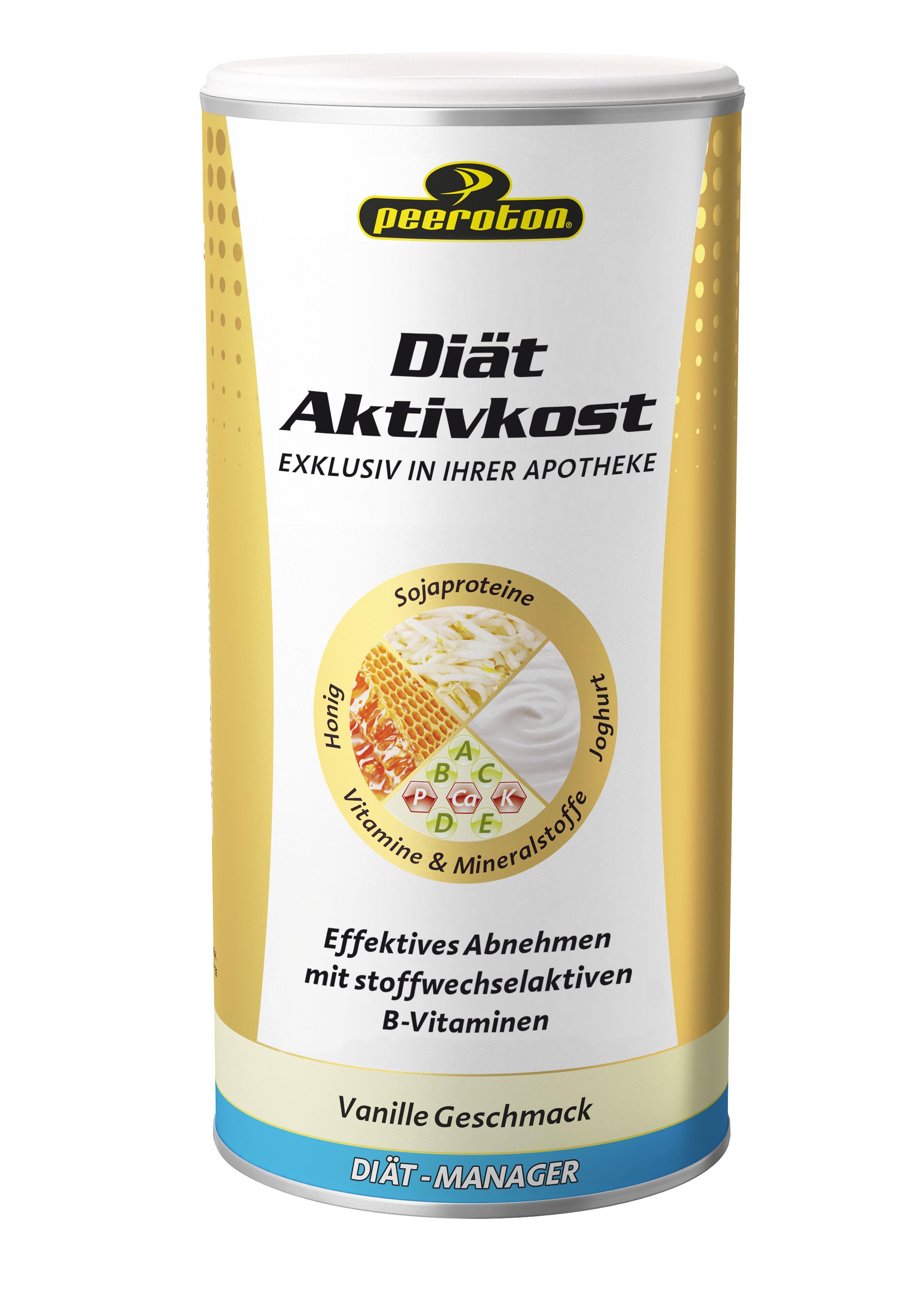 Dosenverpackung von "peeroton Diät Aktivkost" in Vanillegeschmack mit Hinweisen auf Inhaltsstoffe und Anwendung zum Abnehmen.