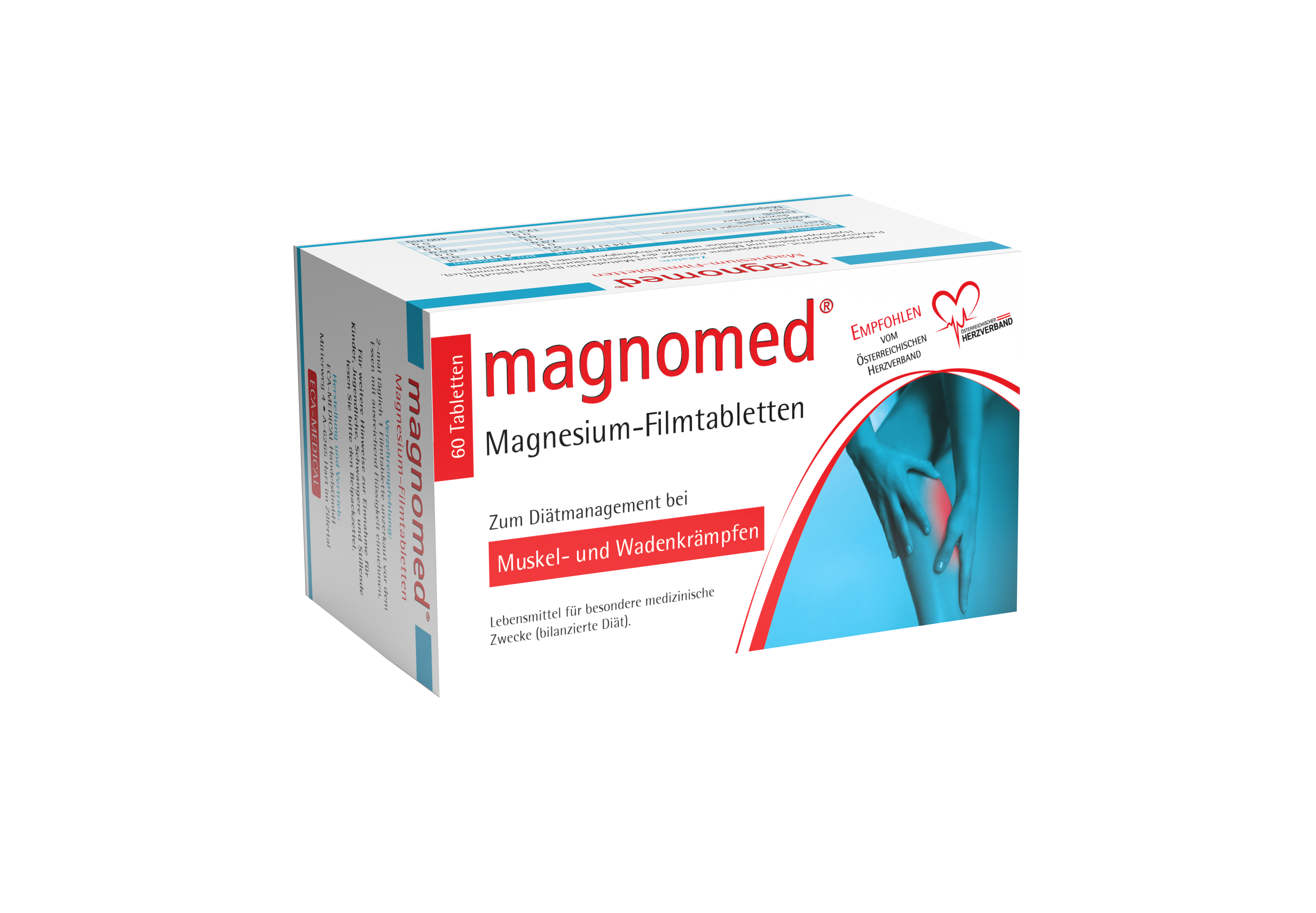 Packung mit magnomed Magnesium-Flintabletten zur Unterstützung bei Muskel- und Wadenkrämpfen.
