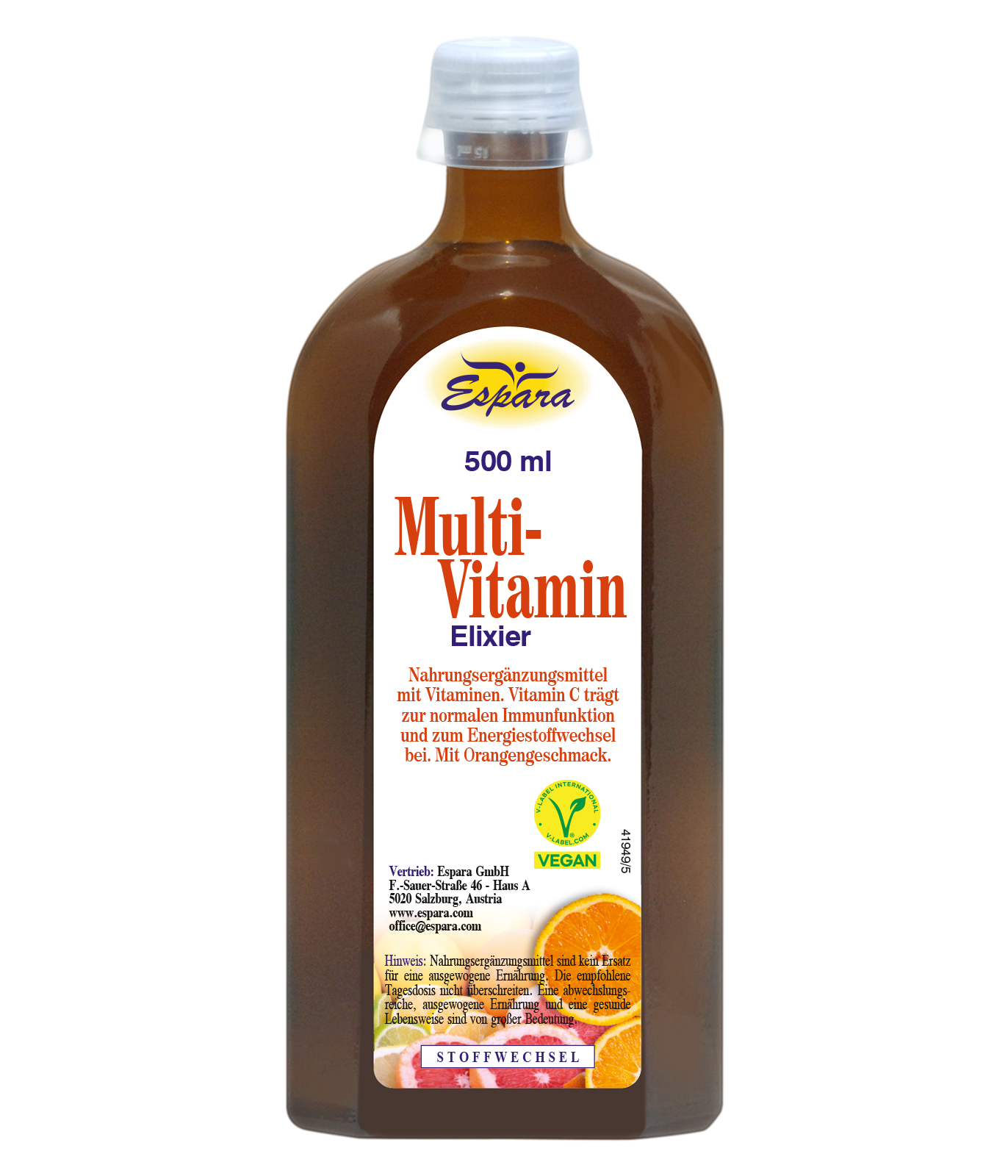 Flasche mit Multi-Vitamin-Elixier, 500 ml, vegan, mit Beschreibung der Inhaltsstoffe und Verwendungshinweisen.