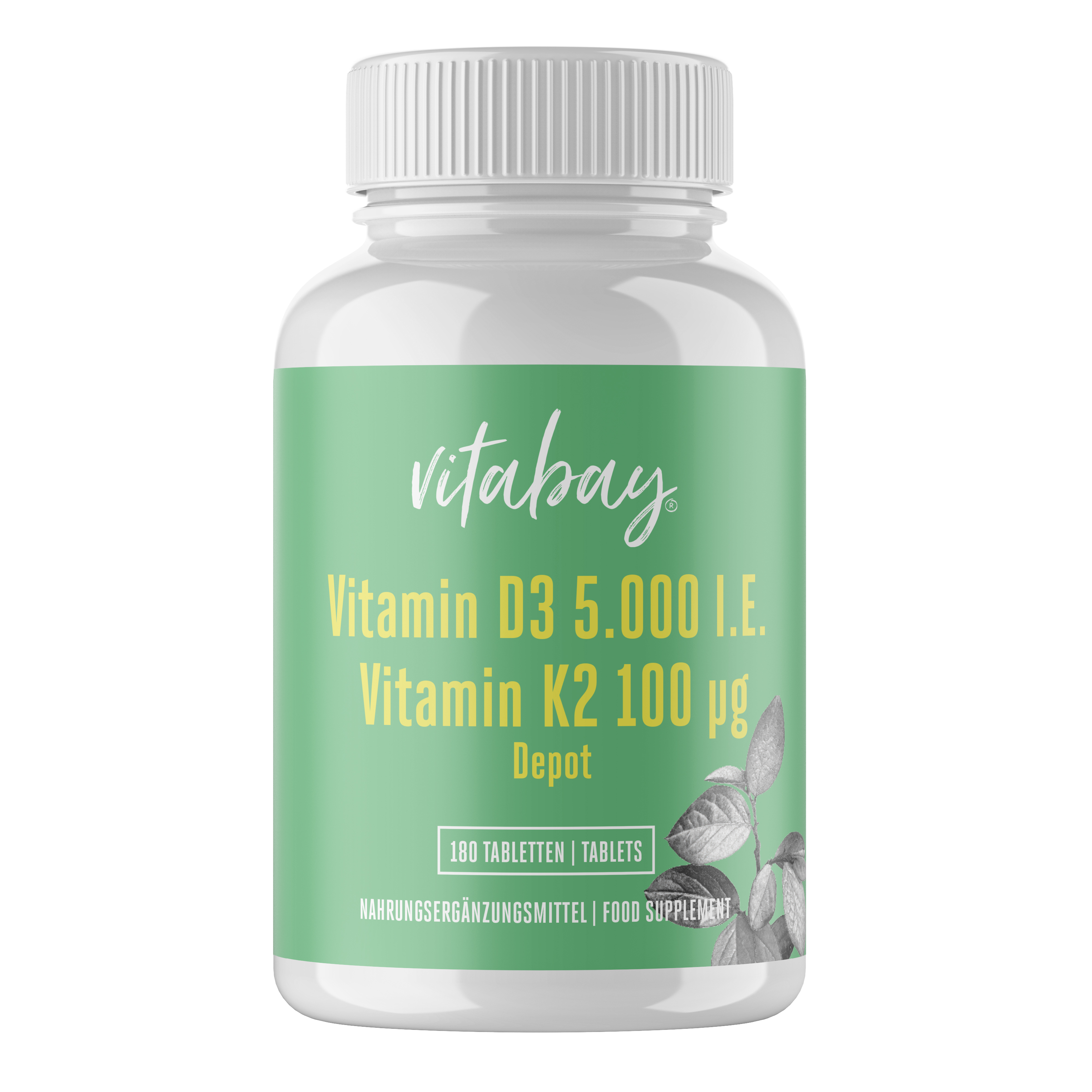 Flasche mit Nahrungsergänzungsmittel: Vitamin D3 5.000 I.E. und Vitamin K2 100 µg, 180 Tabletten.