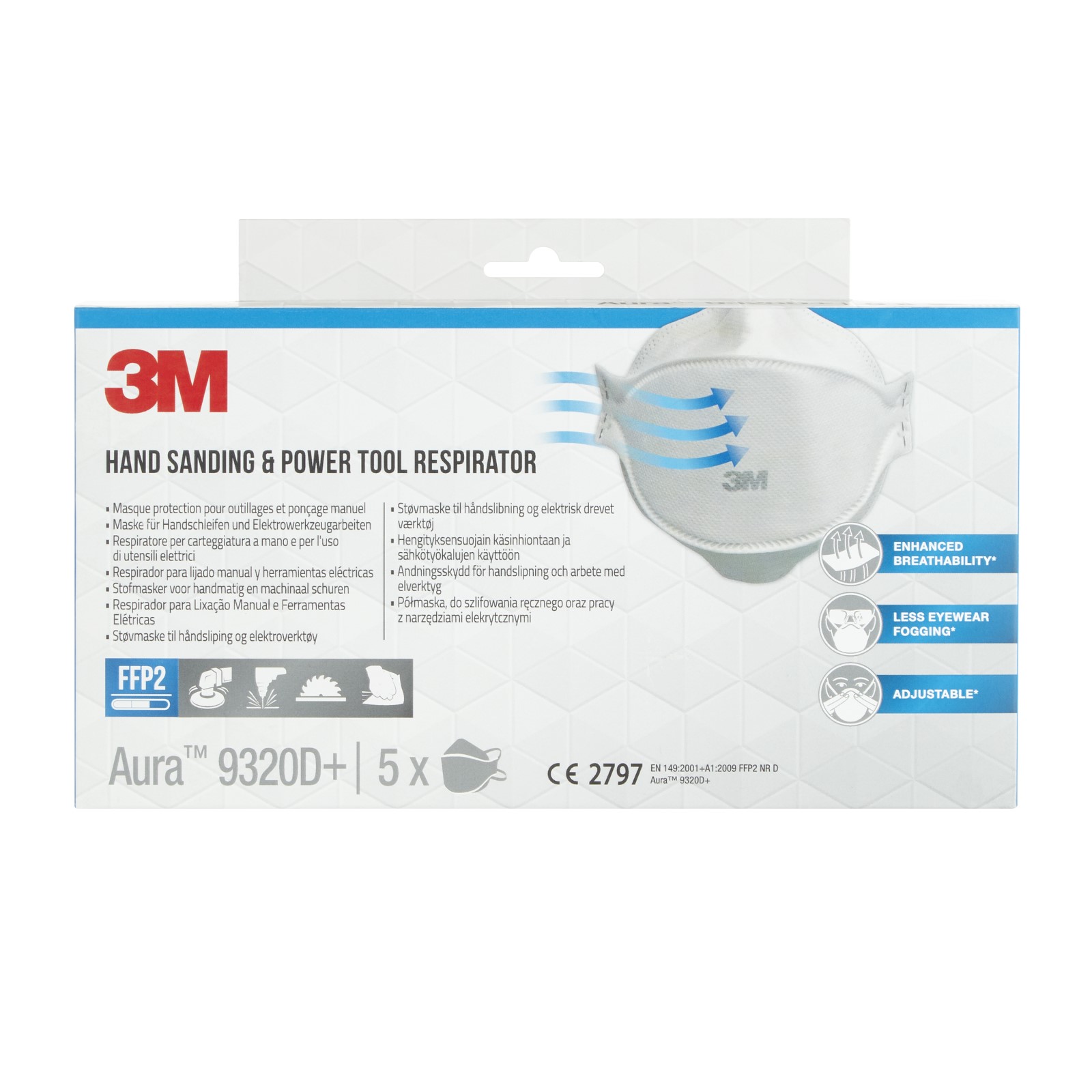 3M™ 9320D+ Aura™ Einweg-Partikel-Atemschutzmaske, FFP2, ohne Ventil, 5 Stück/Karton, 6 Kartons/VE