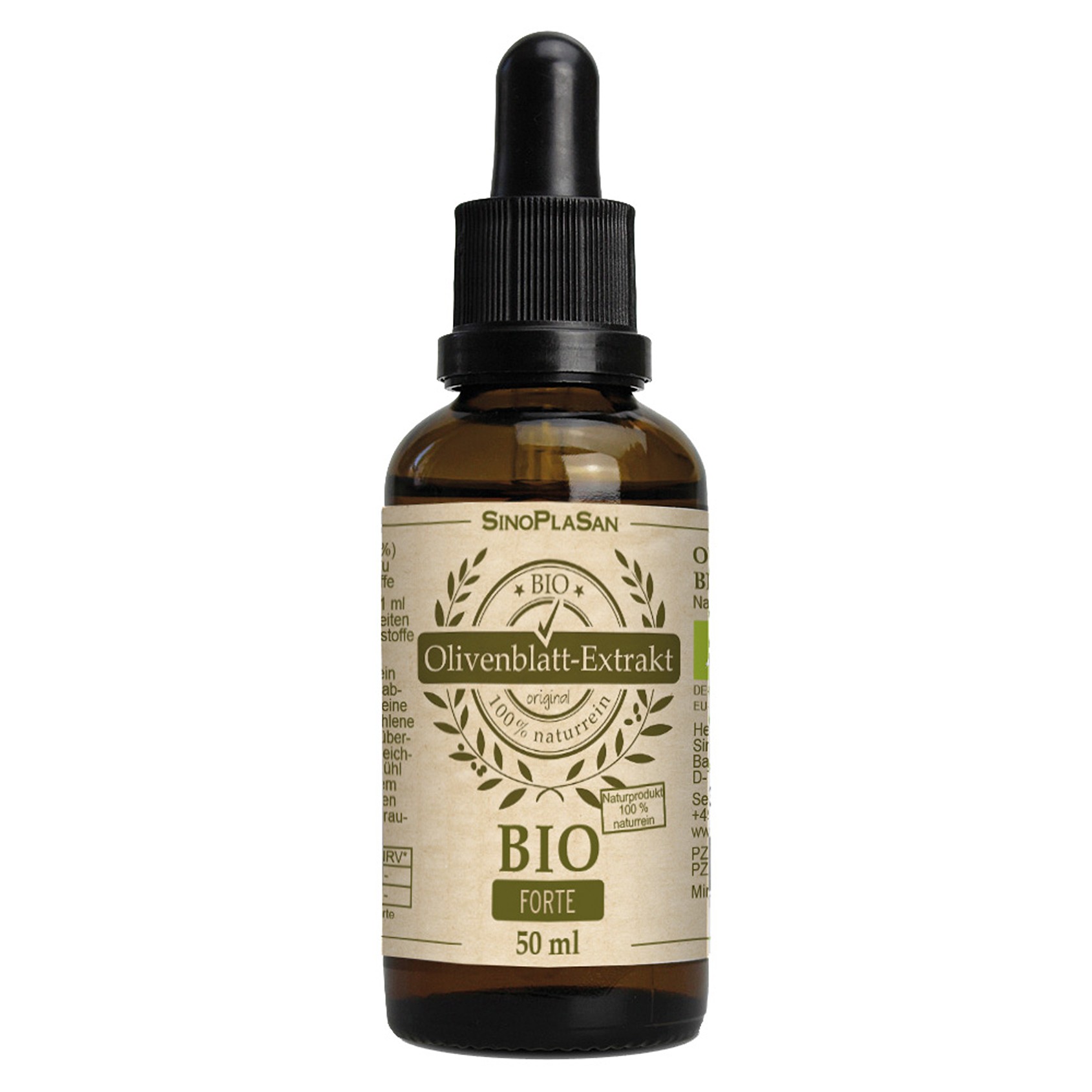 Braune Glasflasche mit schwarzem Tropfer und Etikett mit der Aufschrift "Olivenblatt-Extrakt BIO FORTE 50 ml".