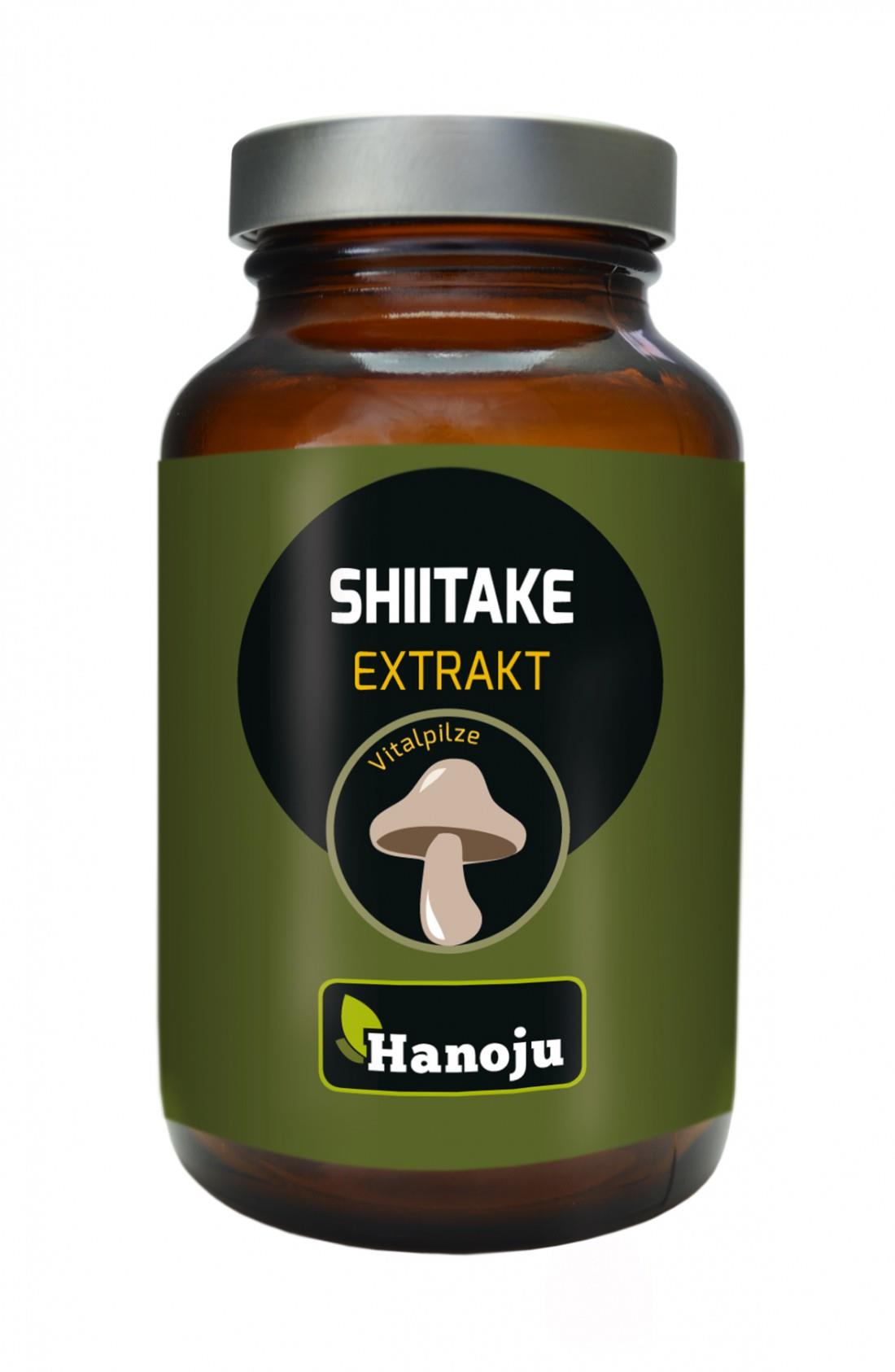 Braunglasbehälter mit Etikett "Shiitake Extrakt" und Abbildung eines Shiitake-Pilzes. Hersteller: Hanoju.