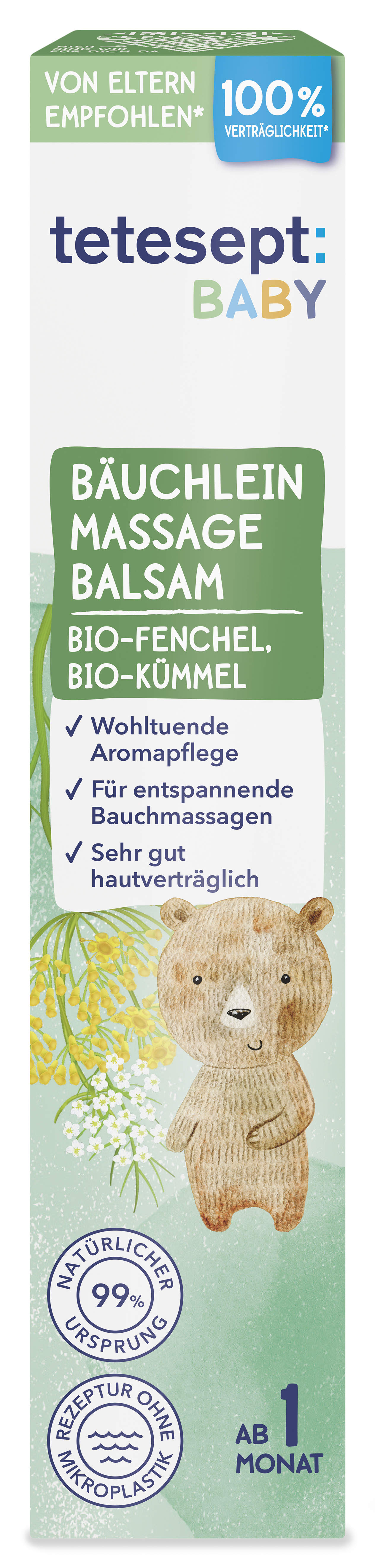 Verpackung des tetesept Baby Bäuchlein Massage Balsams mit Illustrationen eines Bären und Angaben zu Inhaltsstoffen und Anwendung.