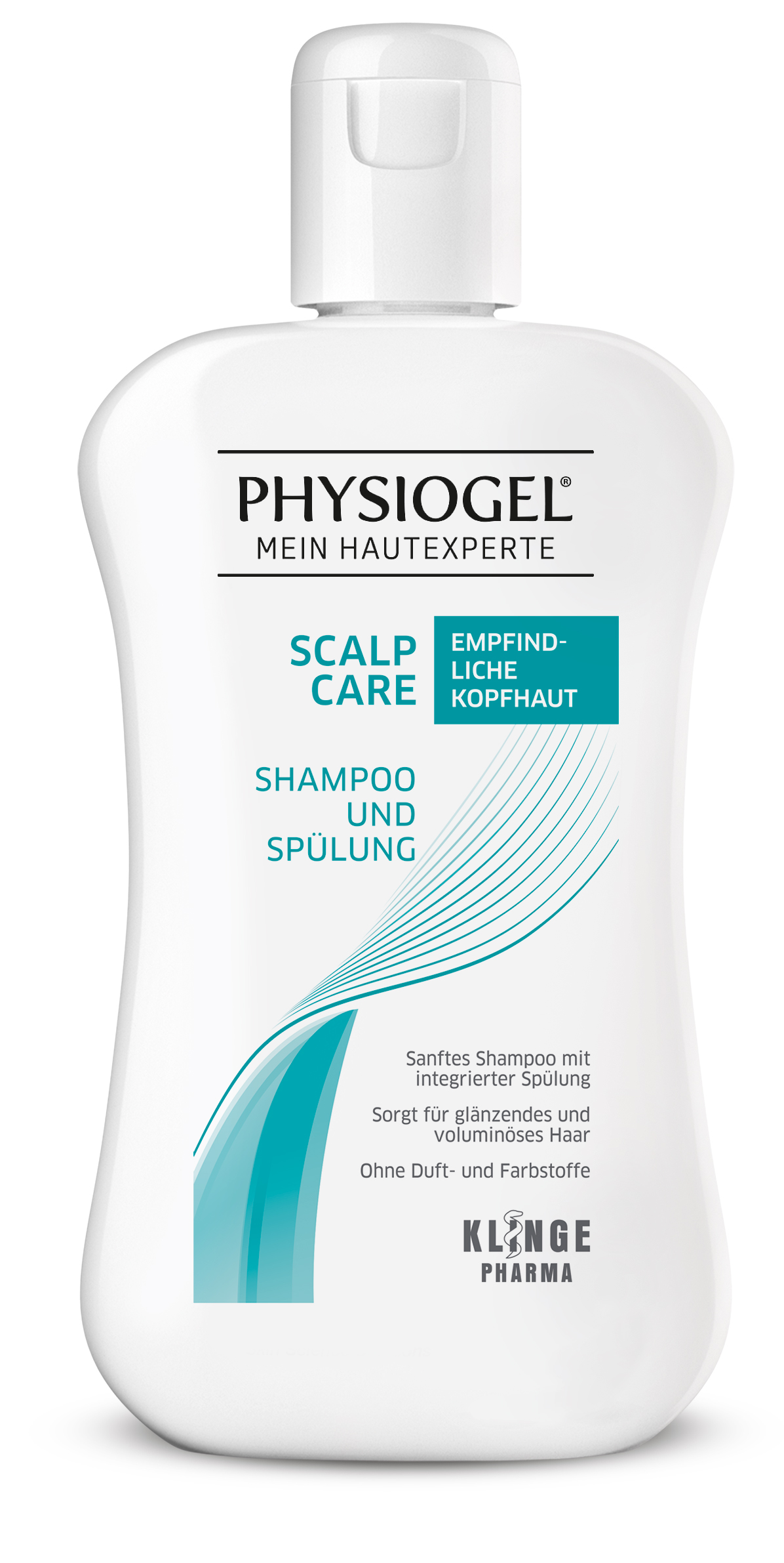 Flasche mit Physiogel Scalp Care Shampoo und Spülung für empfindliche Kopfhaut.