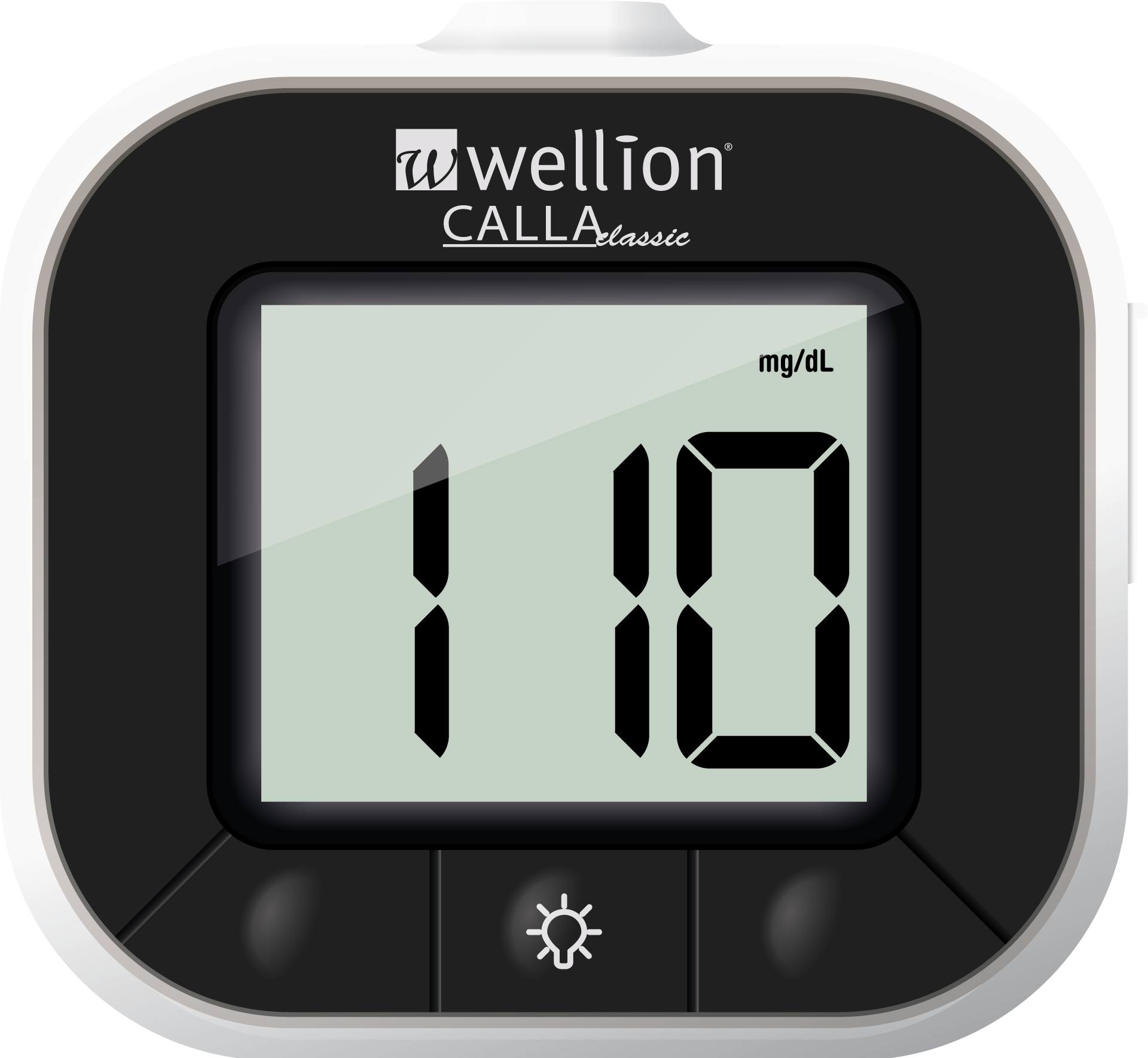 Digitaler Blutzuckermesser mit einem angezeigten Wert von 110 mg/dL.