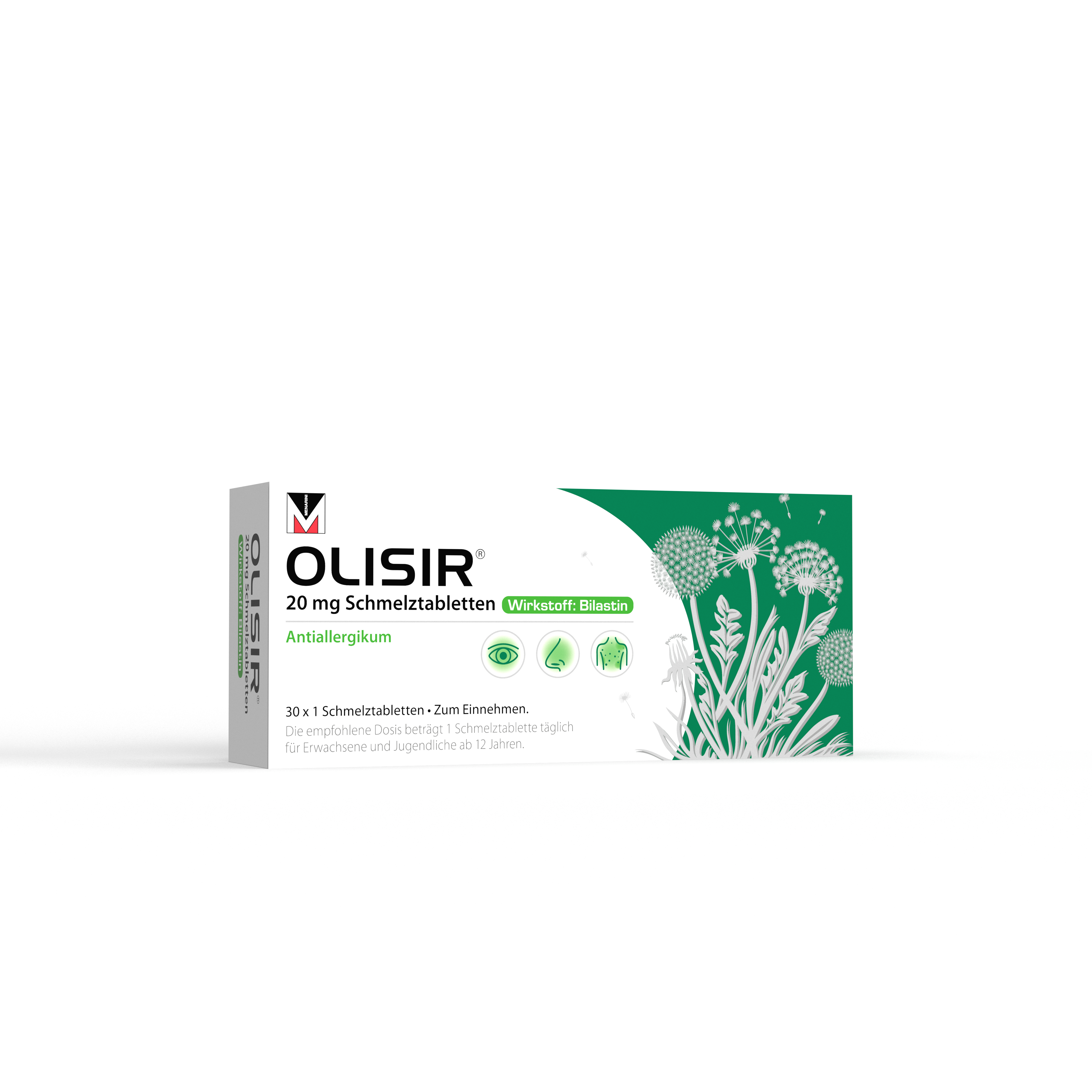 Packungsbox von OLISIR 20 mg Schmelztabletten mit Beschreibung und Anwendungshinweisen.