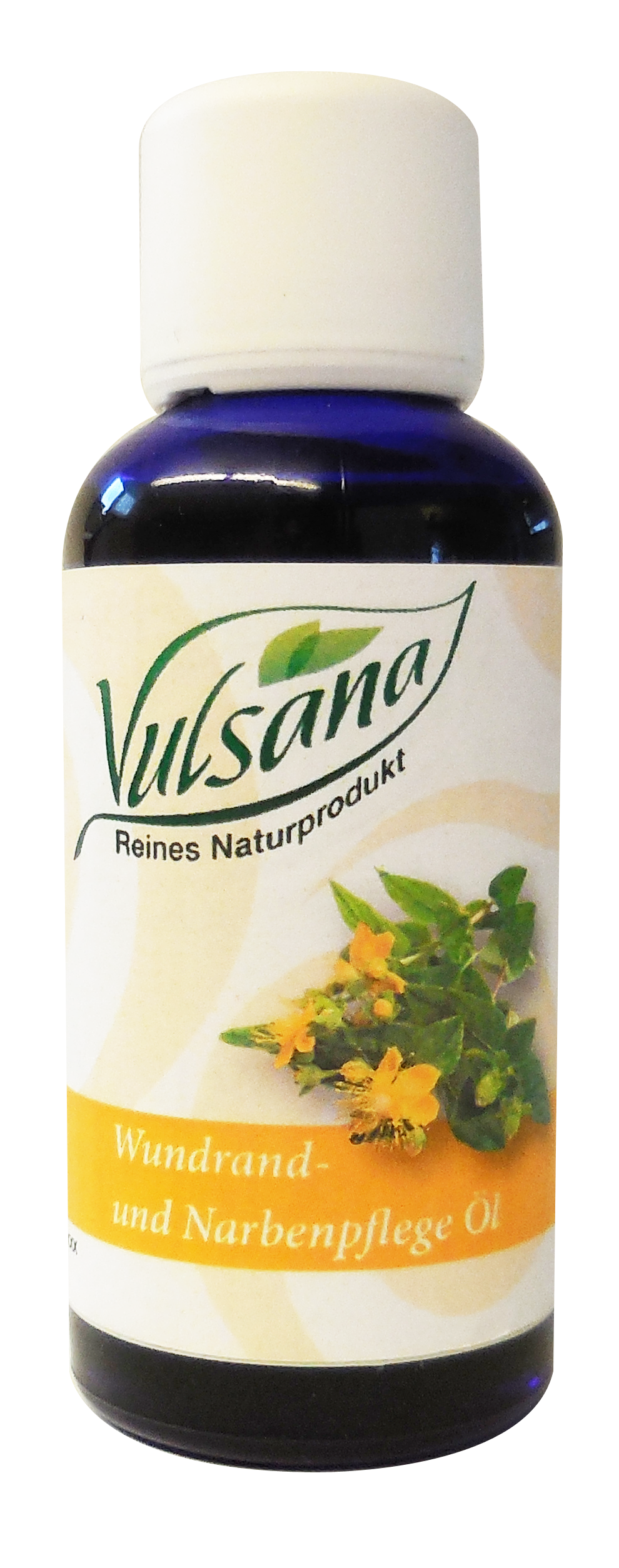 Flasche mit Vulsana Wundrand- und Narbenpflege Öl, schwarzer Hintergrund.
