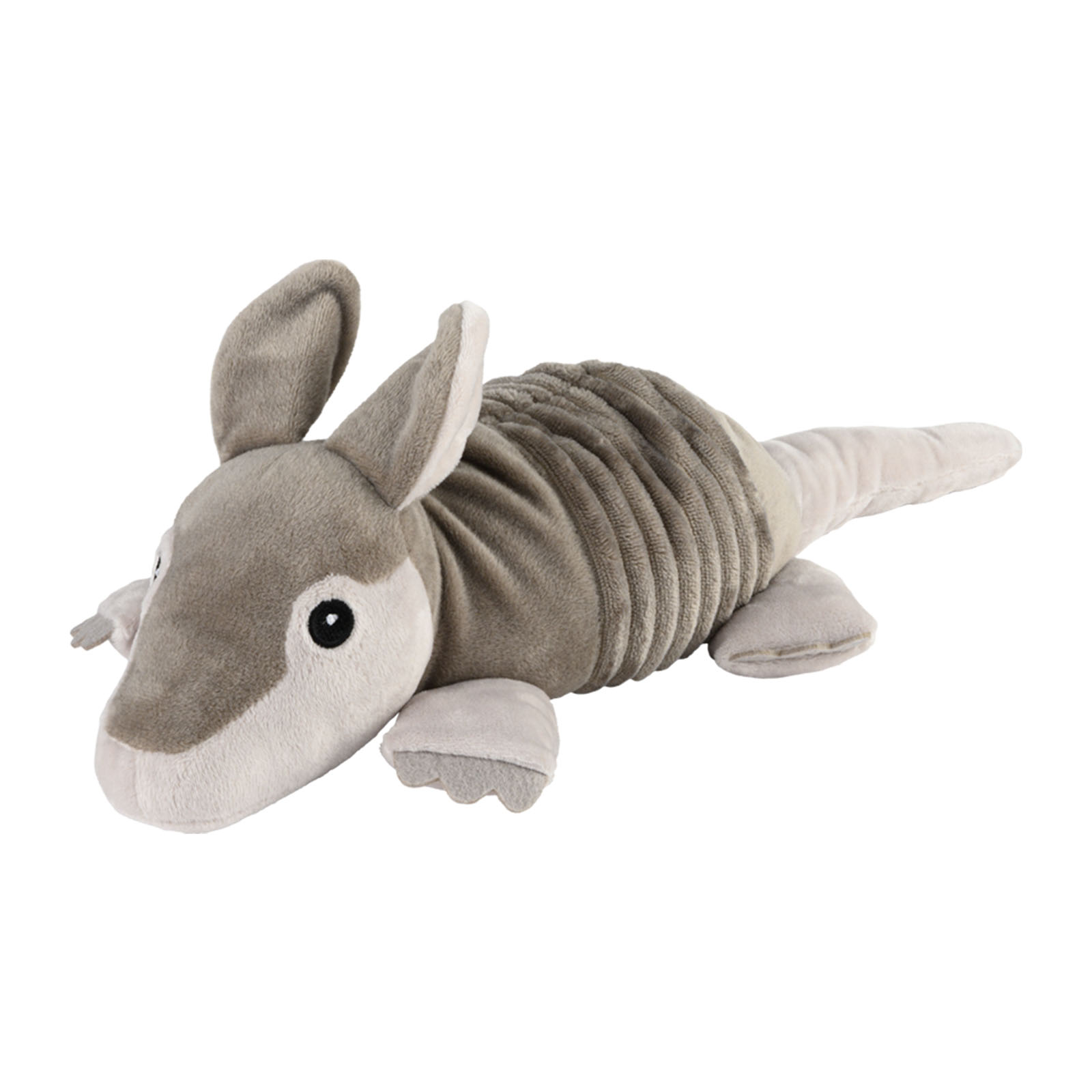 Kuscheltier in Form eines stilisierten Tiers mit grauer und beiger Farbgebung.