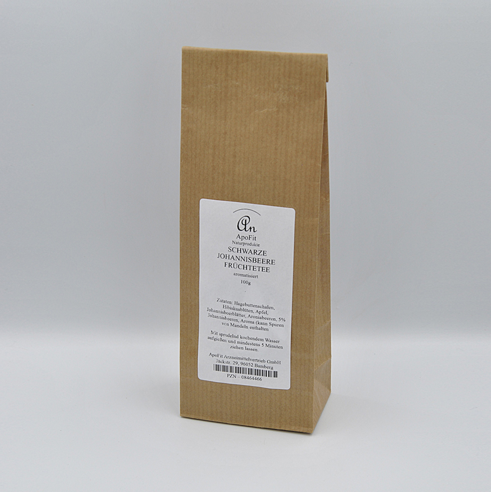 Papiertüte mit Aufschrift "Schwarze Johannisbeere Früchte" und Inhaltsangaben.