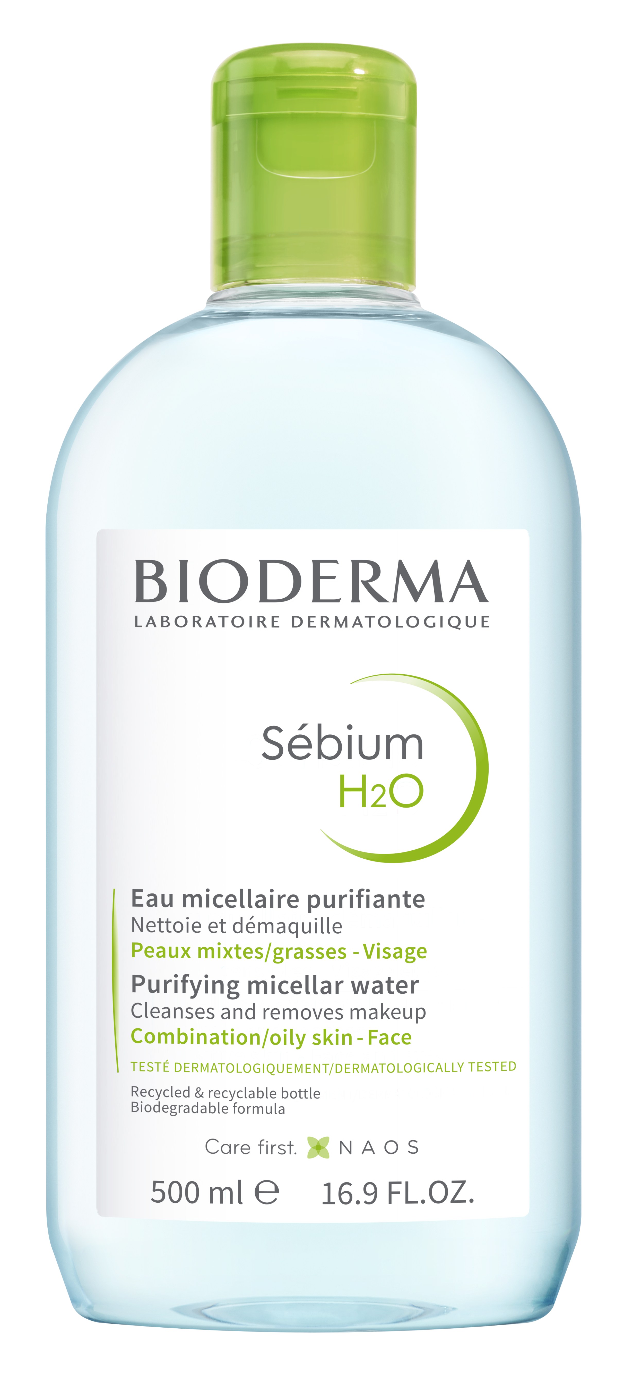 Flasche mit bioderma Sébium H2O, einem reinigenden Mizellenwasser für Mischhaut und fettige Haut.