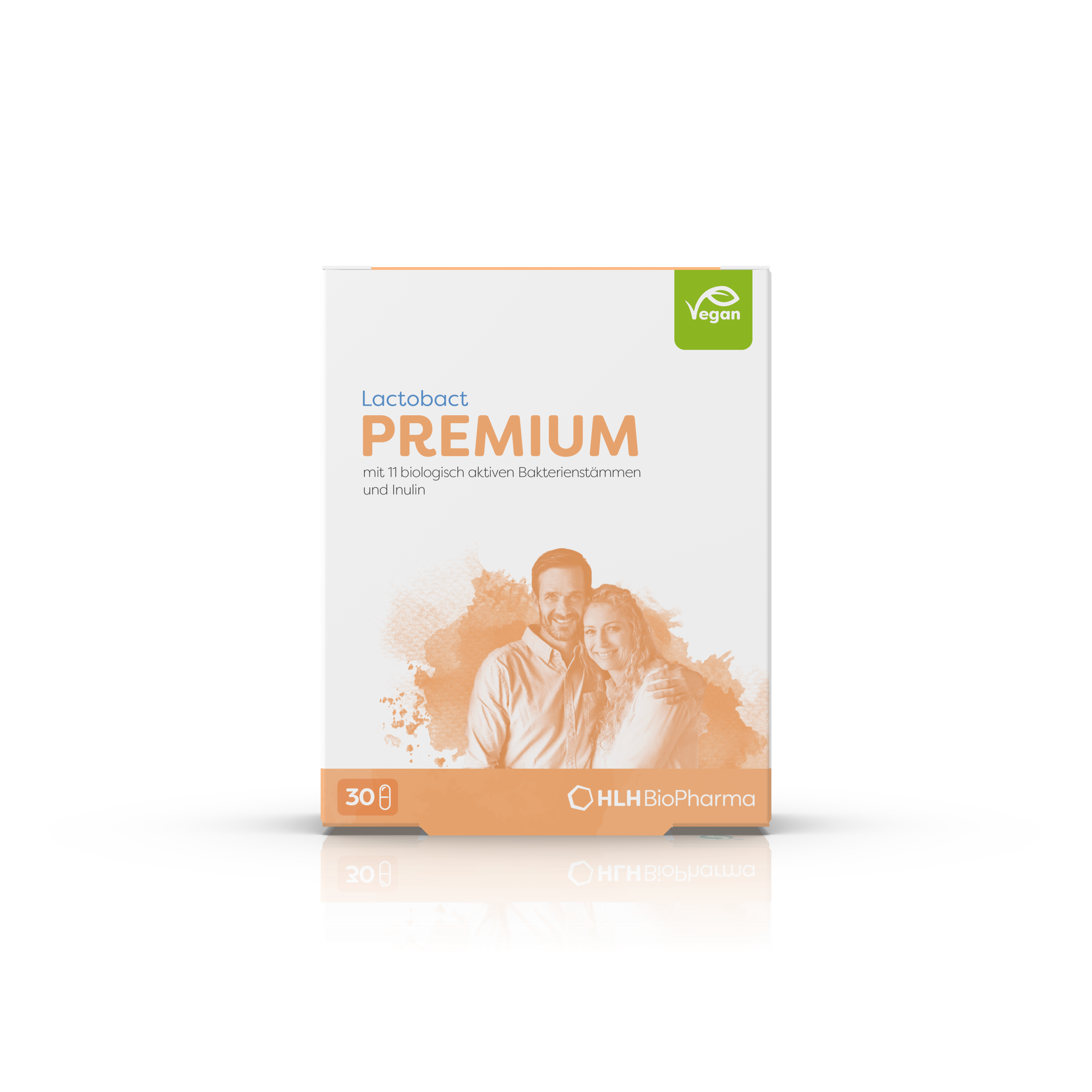 Verpackung von Lactobact PREMIUM mit biologisch aktiven Bakterienstämmen und Inulin, 30 Tabletten, vegan.