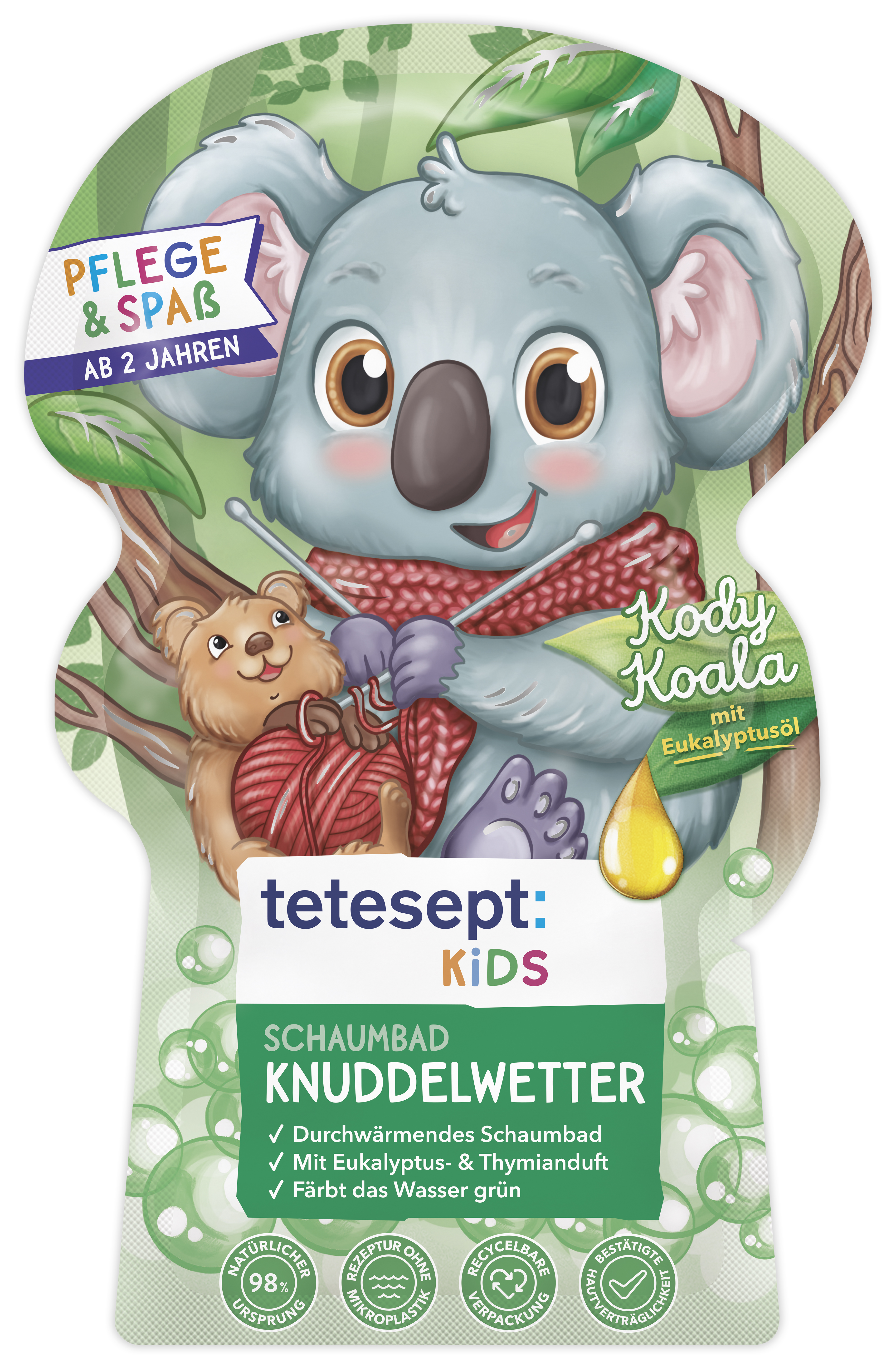 Verpackung für Schaumbad „Knuddelwetter“ von tetesept Kids mit einem Koala und einem Tier, umgeben von Eukalyptusblättern.
