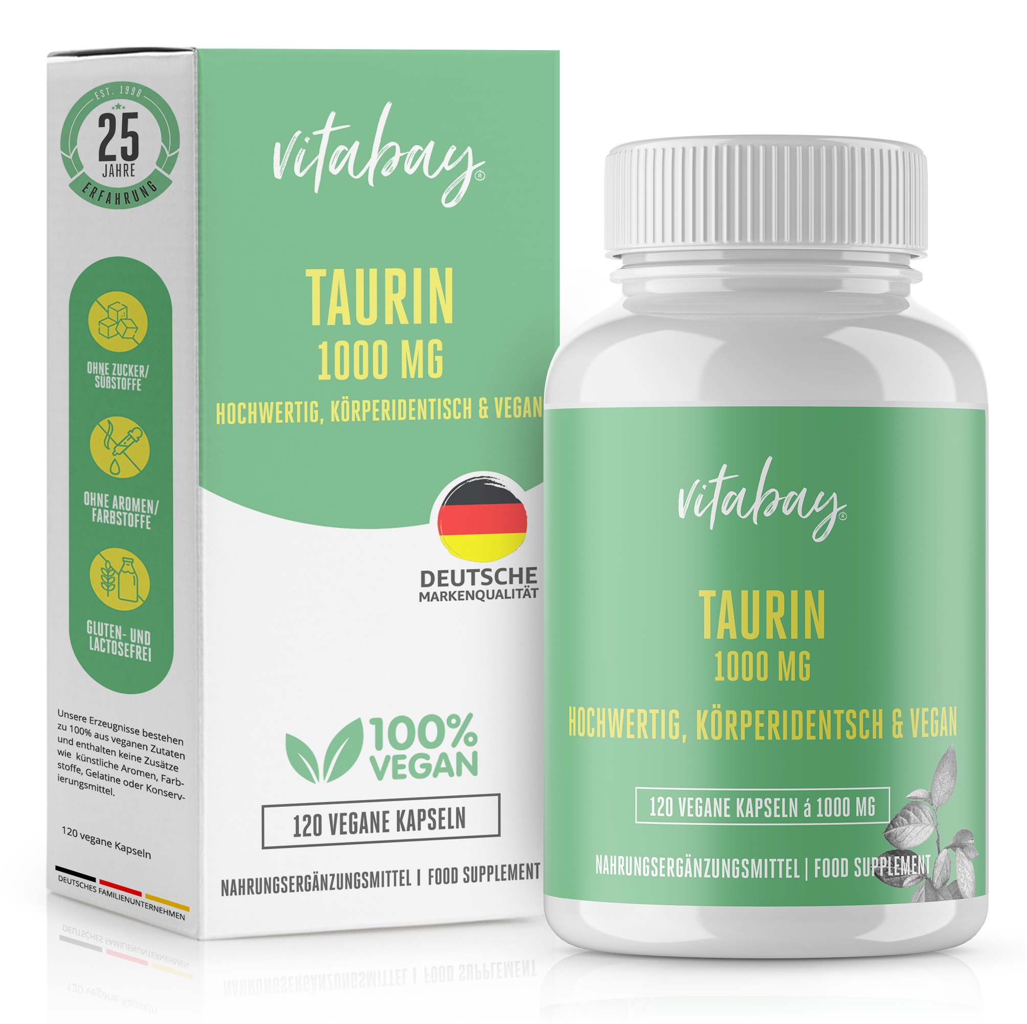 Produktabbildung von Vitabay Taurin 1000 mg, veganen Nahrungsergänzungsmitteln in einer Kunststoffflasche mit einer Verpackung, die die Produktinformationen zeigt.