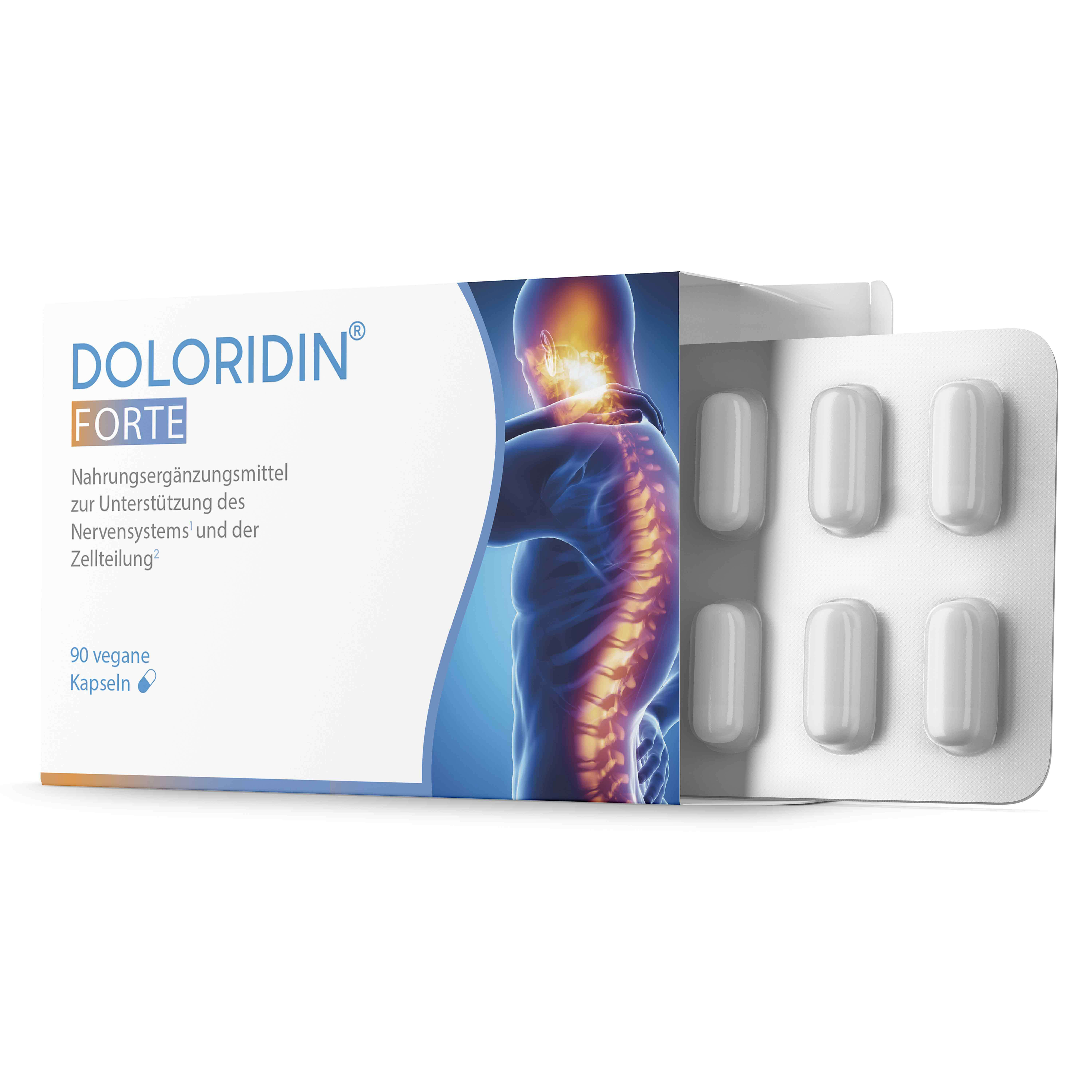 Produktverpackung von Doloridin Forte mit Kapseln zur Unterstützung des Nervensystems und der Zellteilung.
