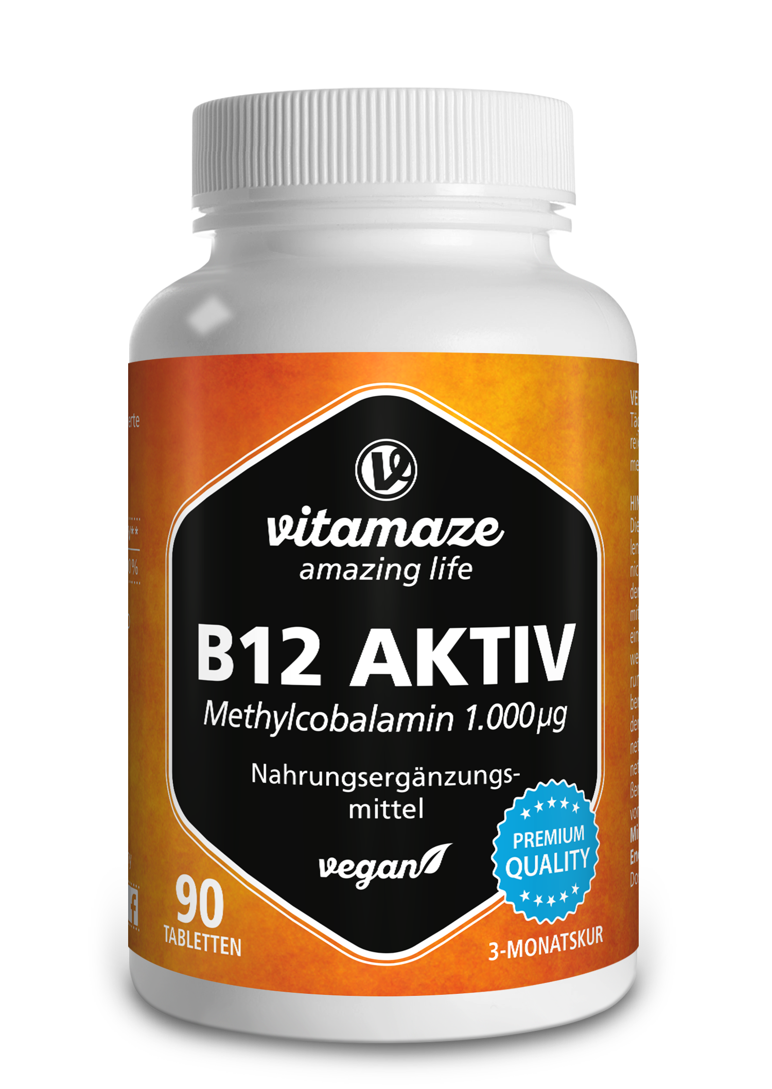 Weißes Fläschchen mit orangefarbenem Etikett, das B12 Aktiv Nahrungsergänzungsmittel in Tablettenform zeigt.