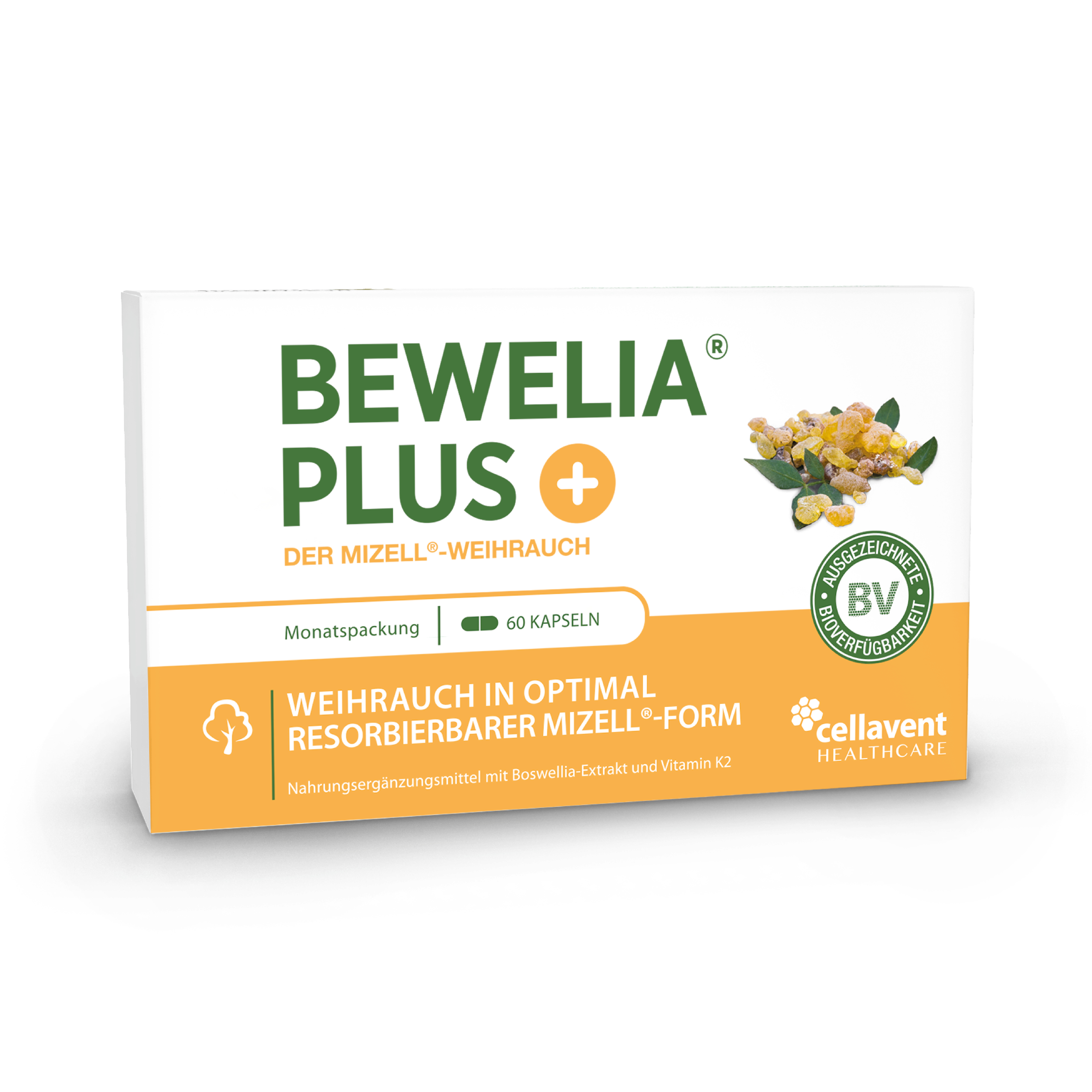 Verpackung von Bewelia Plus, einem Nahrungsergänzungsmittel mit Weihrauch-Extrakt und Vitamin K2, 60 Kapseln in einer Monatsverpackung.