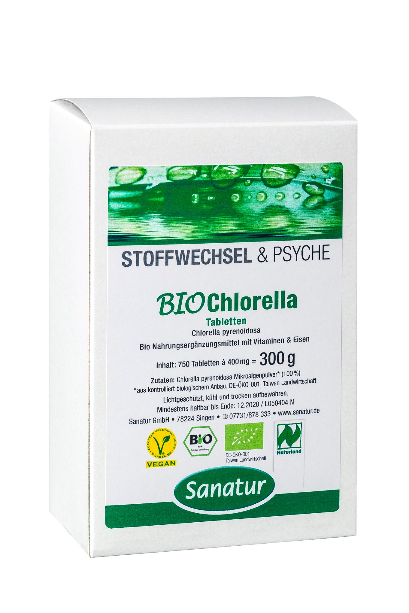 Verpackung mit BIO Chlorella Tabletten von Sanatur, 300 g, für Stoffwechsel und Psyche, mit Angaben zu Inhalt und Nährstoffen.