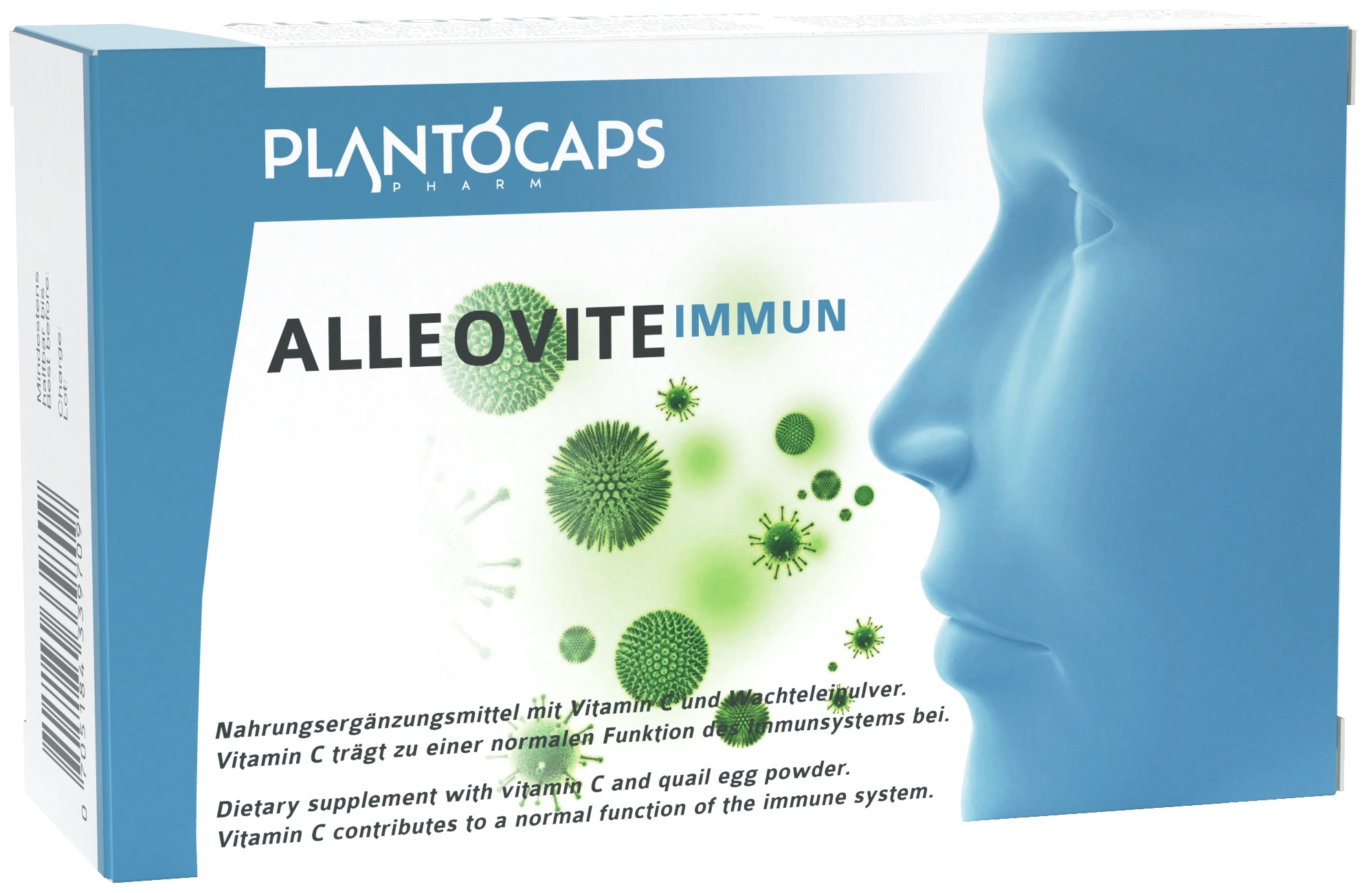 Verpackung eines Nahrungsergänzungsmittels namens Alleovite Immun mit Darstellung eines menschlichen Gesichts und grafischen Elementen, die Mikroben symbolisieren.