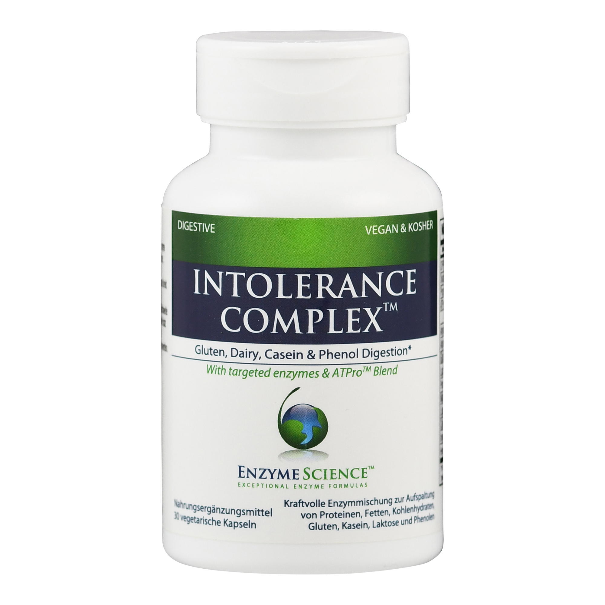 Weißes Fläschchen mit der Aufschrift "Intolerance Complex" von Enzyme Science, einem Verdauungsnahrungsmittel für die Verdauung von Gluten, Milch, Casein und Phenolen.