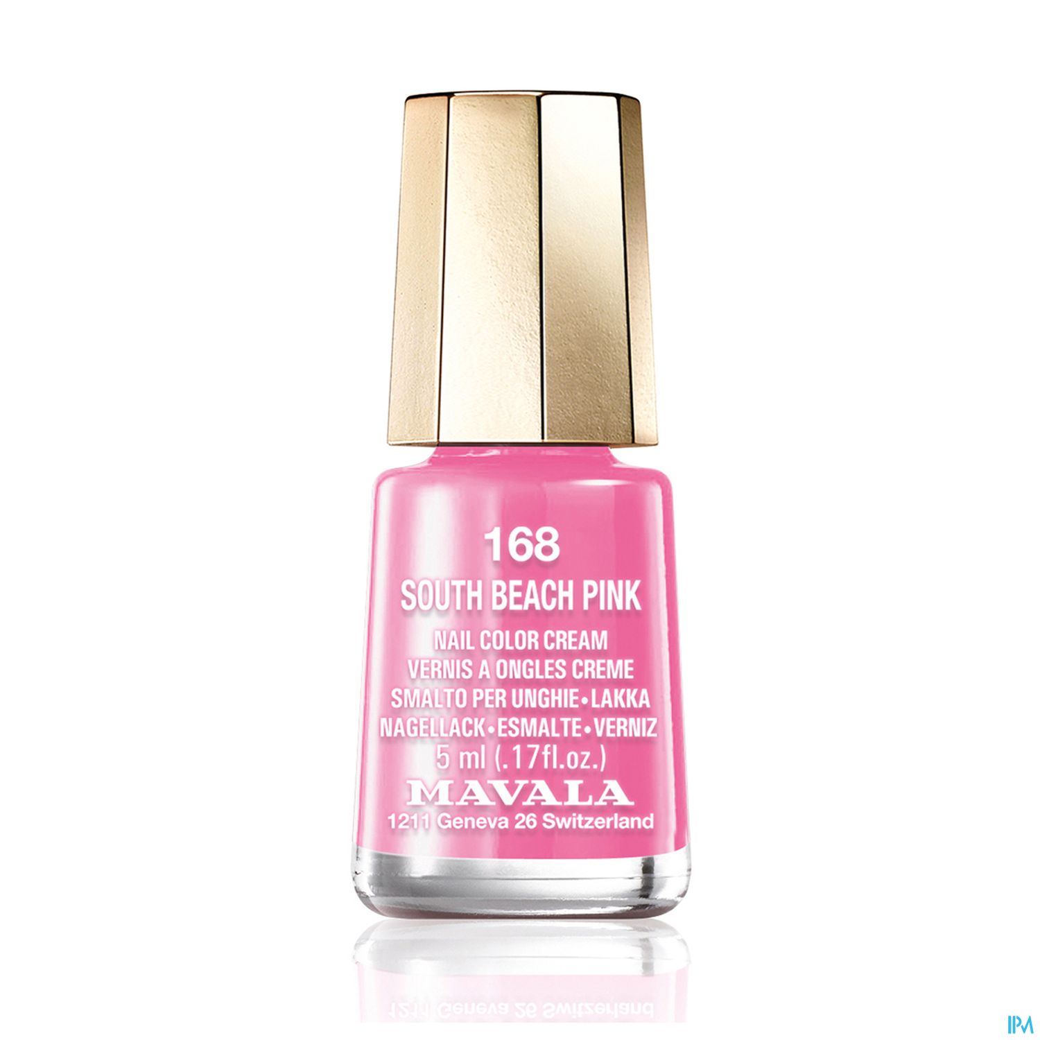 Nagellack-Flasche in pink mit goldenem Deckel, beschriftet mit "South Beach Pink" und der Nummer 168.