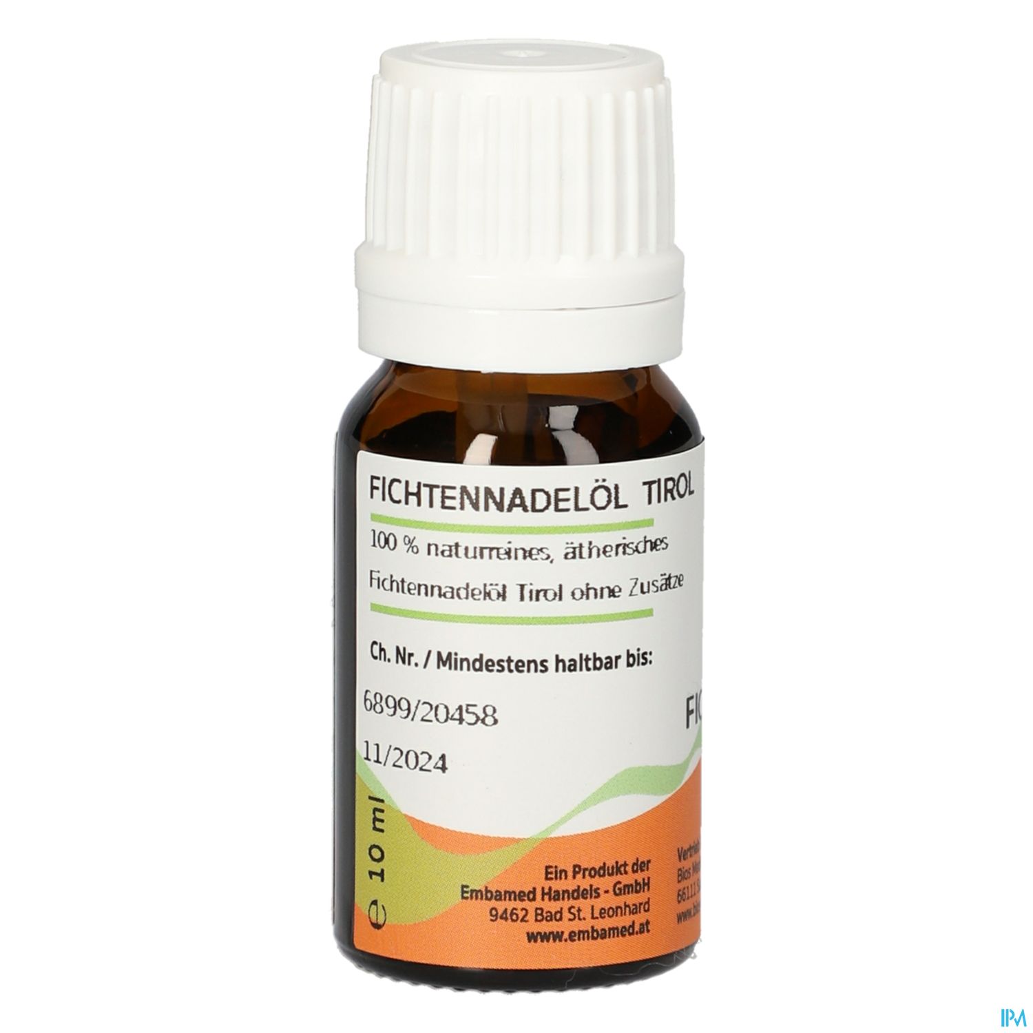 Braunglasflasche mit weißem Verschluss, etikettiert mit "Fichtennadelöl Tirol" und weiteren Produktinformationen.