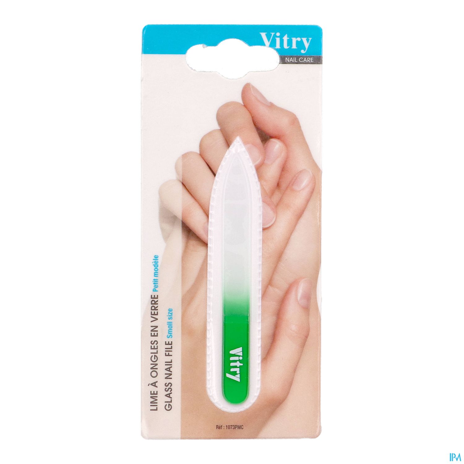 Produktverpackung für eine Glas-Nagelfeile von Vitry mit einem weißen, spitzen Design und grüner Akzentfarbe.