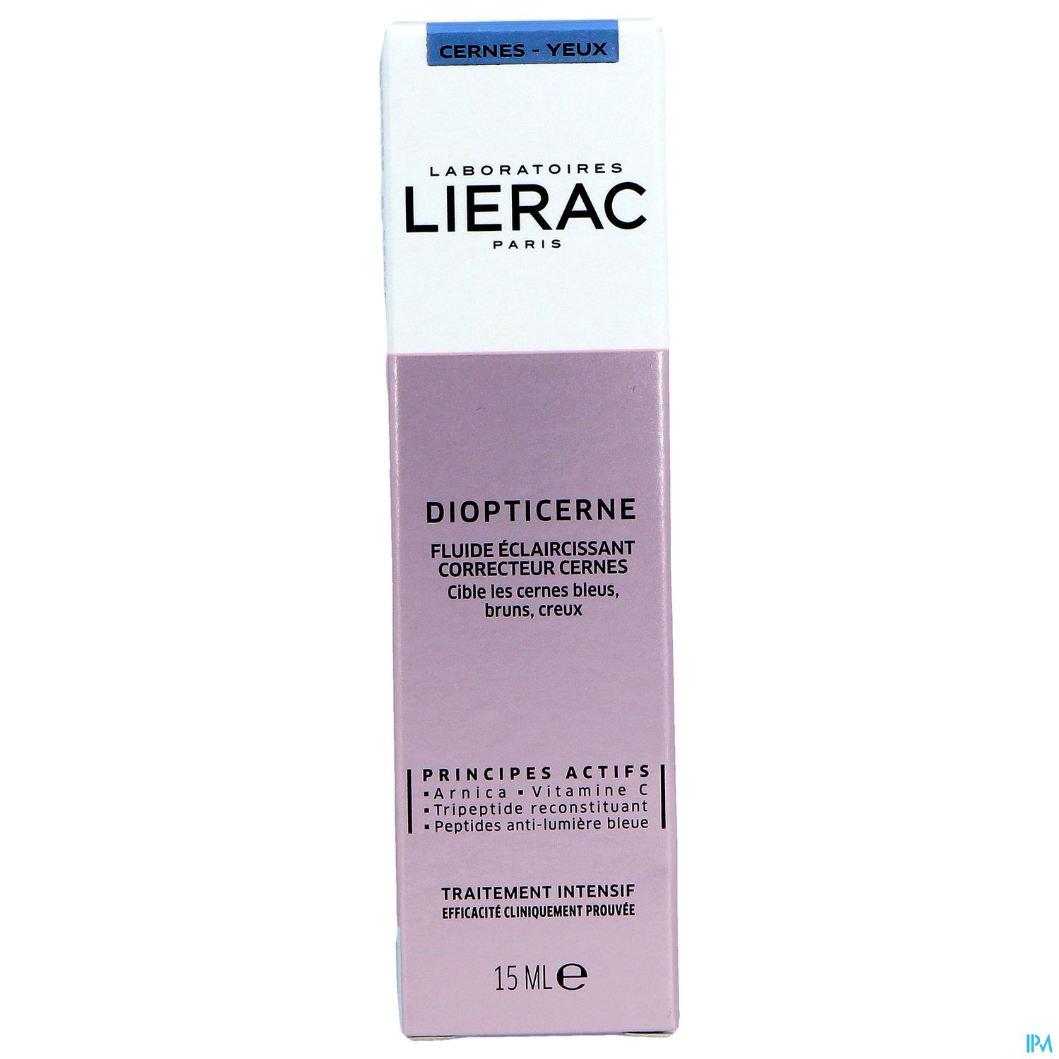 Produktverpackung von Lierac, Diopticerne, Augenpflege mit Schriftzug über Inhaltsstoffe und Anwendungshinweise.