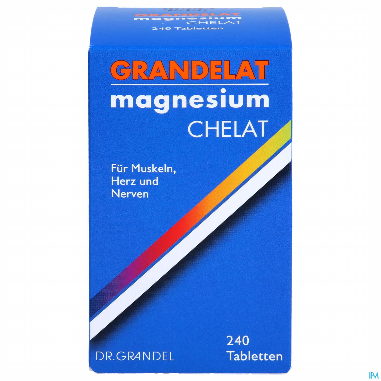 Blaues Verpackungsdesign mit der Aufschrift "GRANDELAT Magnesium CHELAT" und Informationen über die Anwendung für Muskeln, Herz und Nerven sowie der Anzahl der Tabletten (240).