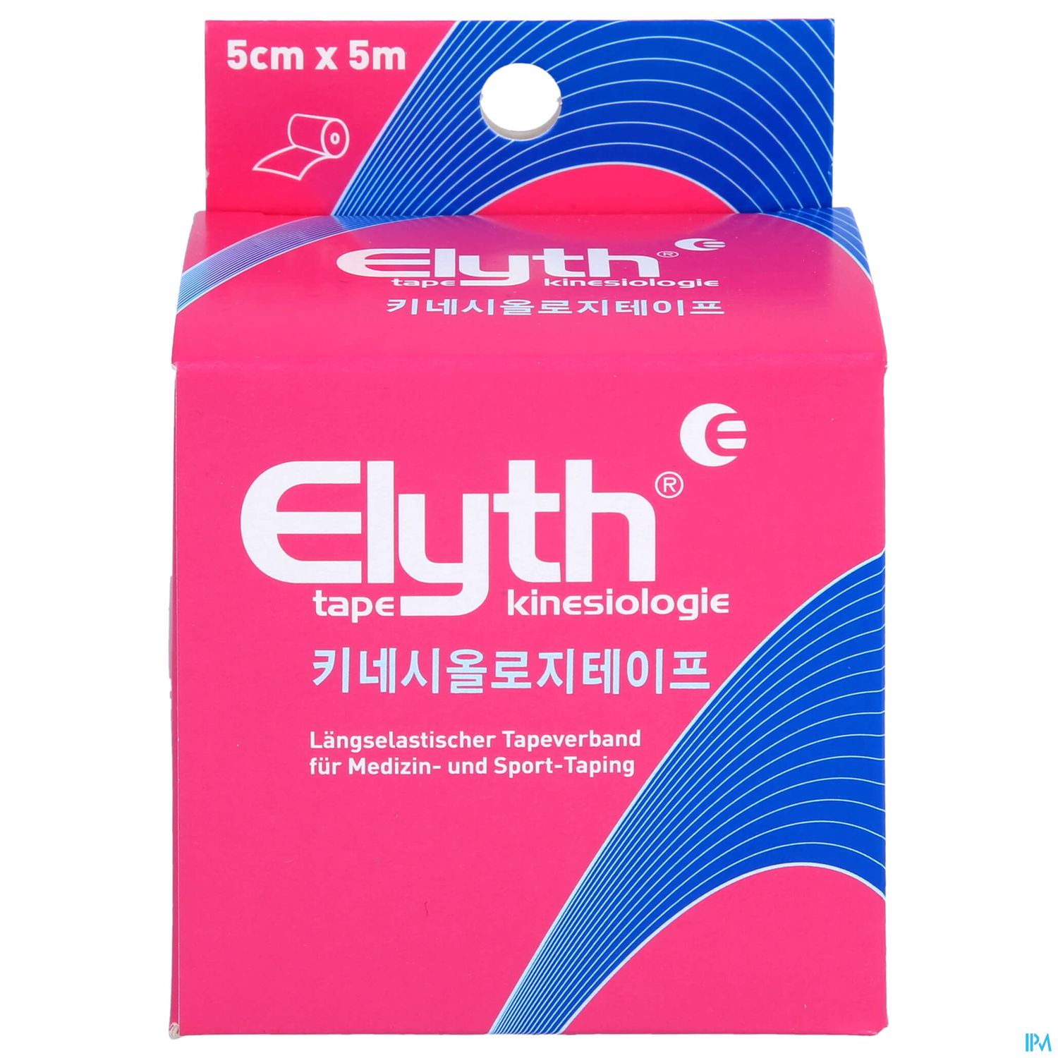Rosa Verpackung eines elastischen Kinesiologie-Tapes von Elyth mit der Aufschrift "5cm x 5m" und Informationen zu Verwendung im Gesundheits- und Sportbereich.