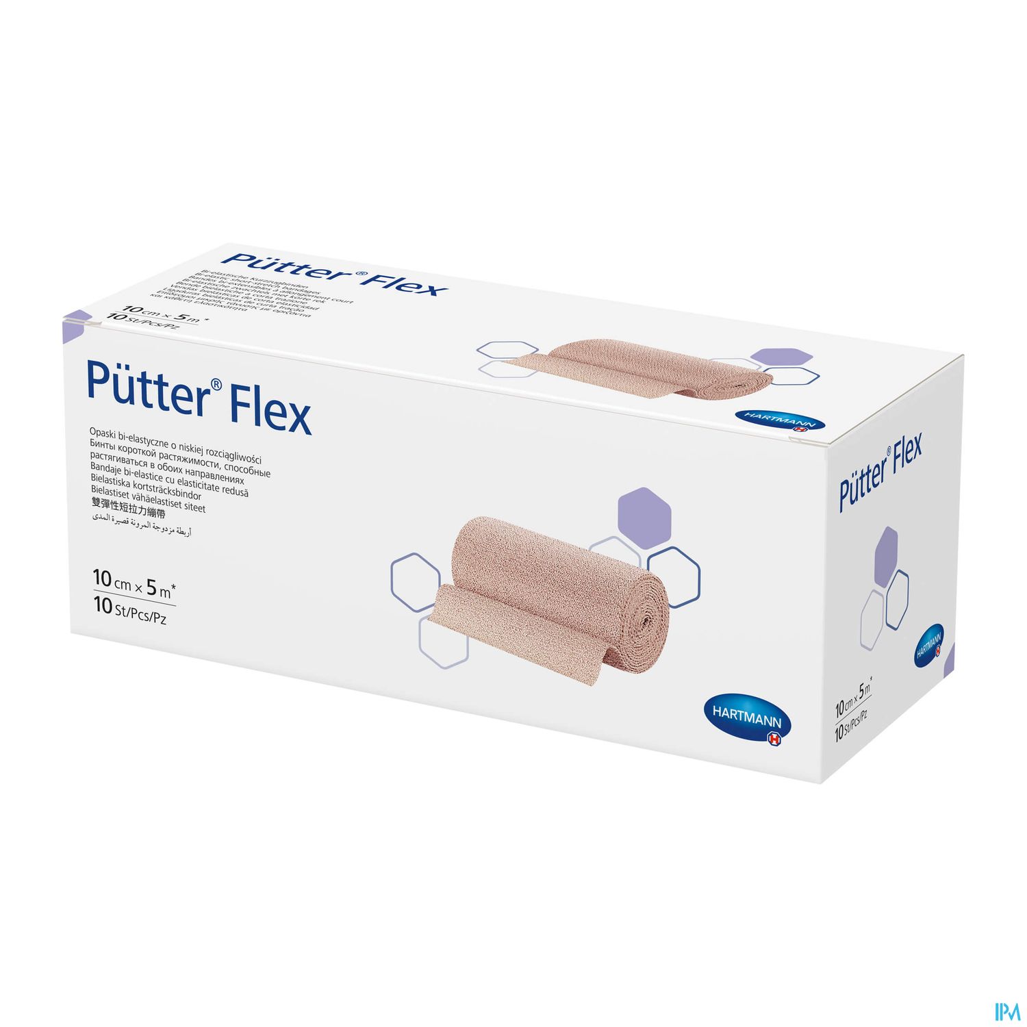 Verpackung von Pütter Flex, einer elastischen Binde, mit Maßangaben 10 cm x 5 m.
