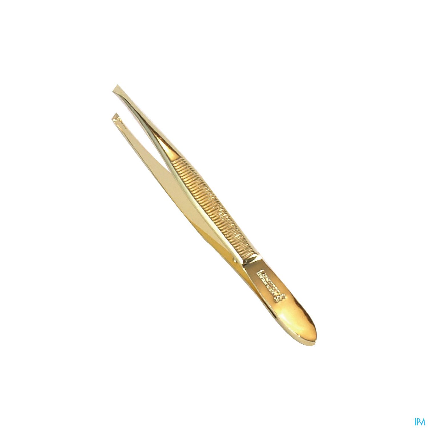 Eine goldene Pinzette mit riffelter Greiffläche.