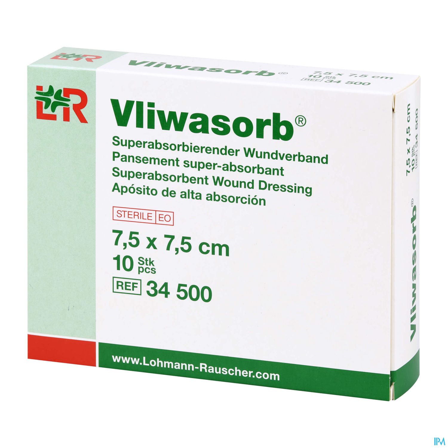 Verpackung des superabsorbierenden Wundverbands Vliwasorb, 10 Stück, Größe 7,5 x 7,5 cm.