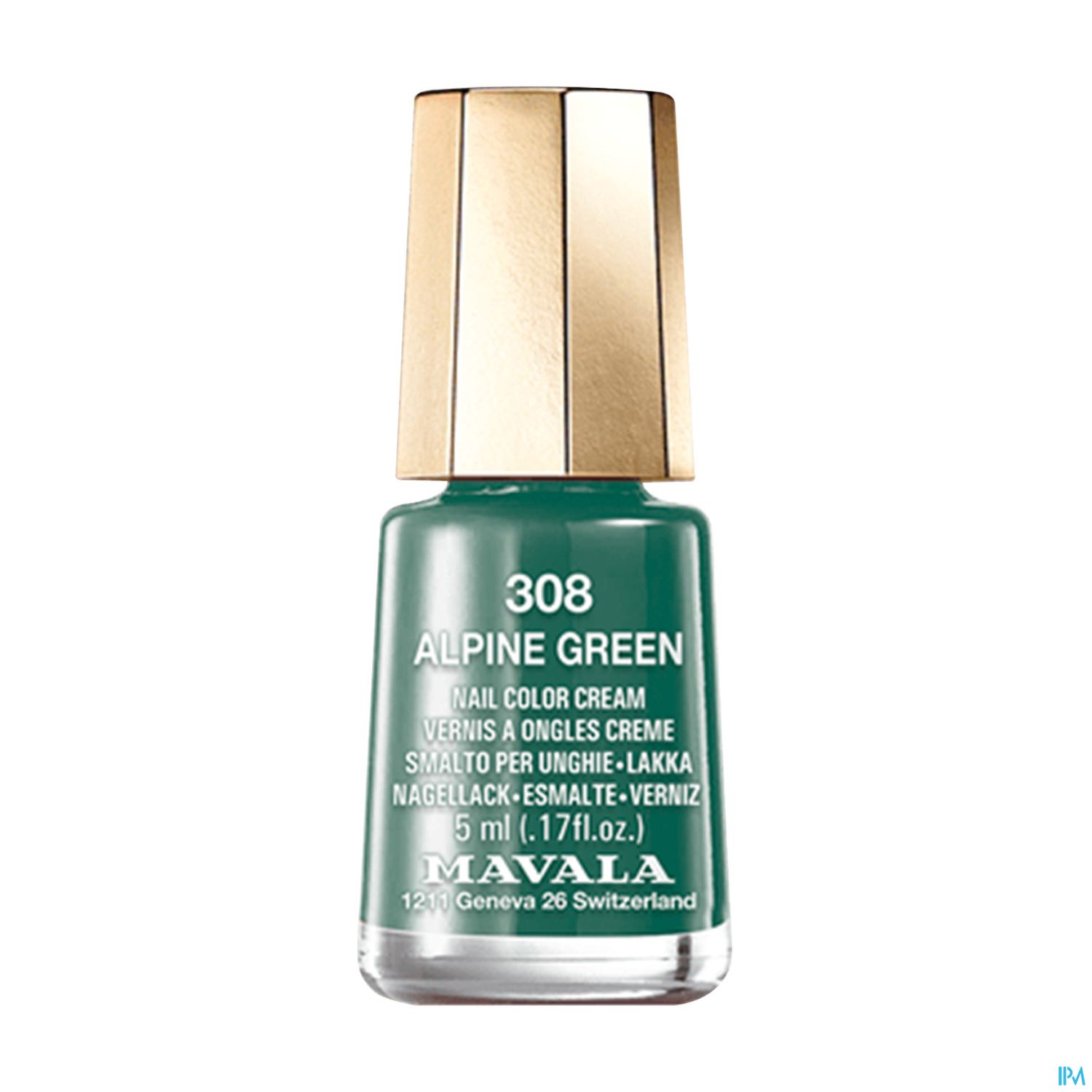 Nagellackflasche mit der Aufschrift „308 ALPINE GREEN“ von Mavala.