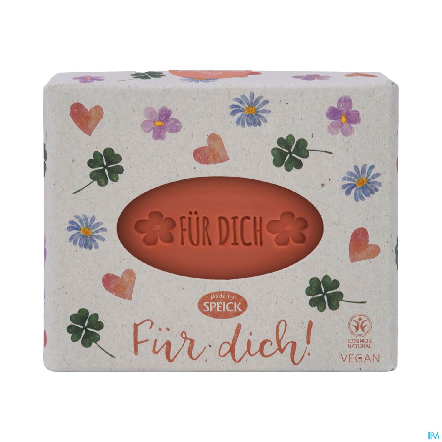 Geschenkverpackung mit der Aufschrift "Für dich!" und bunten Blumen- und Kleeblattmotiven.